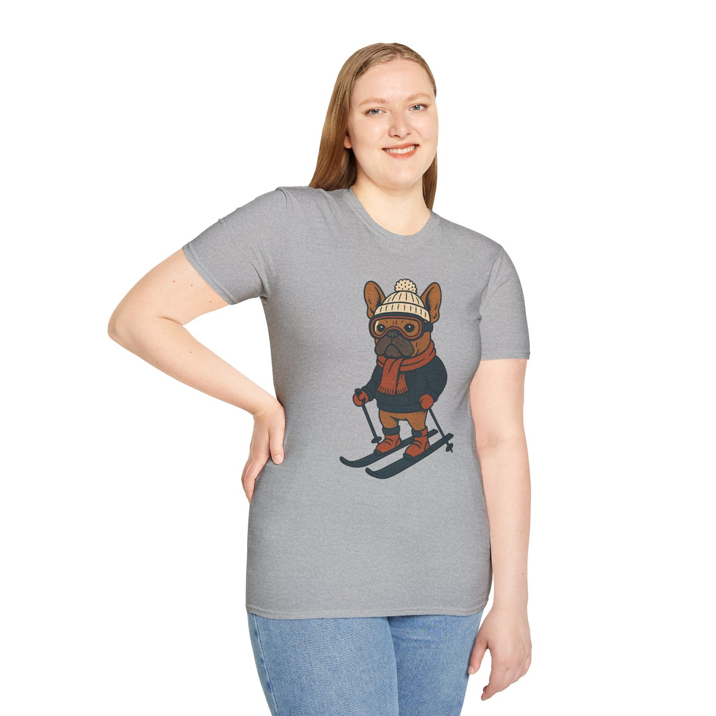 French Bulldog Skiing T-Shirt, Winter Frenchie Shirt, Ski Dog Graphic Tee, Cute Snow Dog Gift, Funny Frenchie Lover Shirt, Skiing Pup Tee