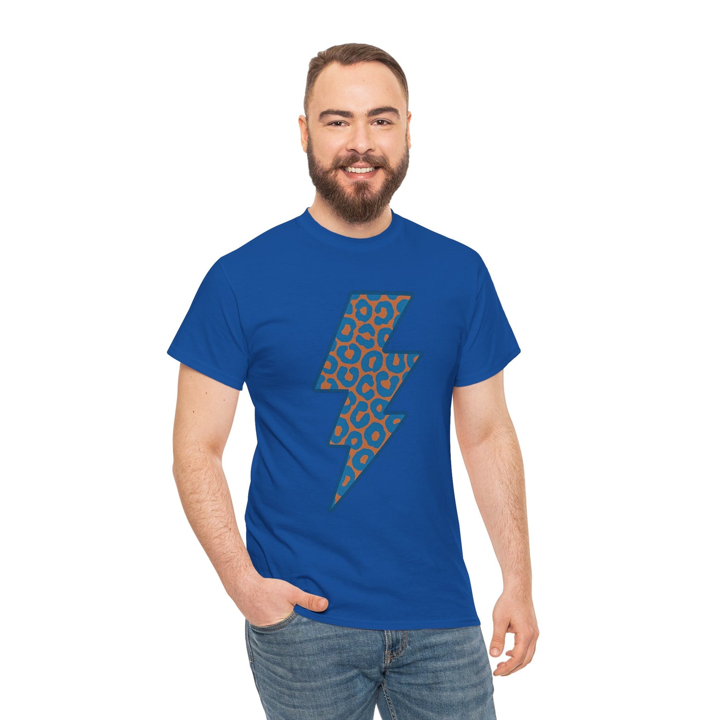 Blue Leopard Lightning Bolt T-Shirt | OKC Thunder Inspired Shirt | Orange & Blue Game Day Tee | Retro Lightning Graphic