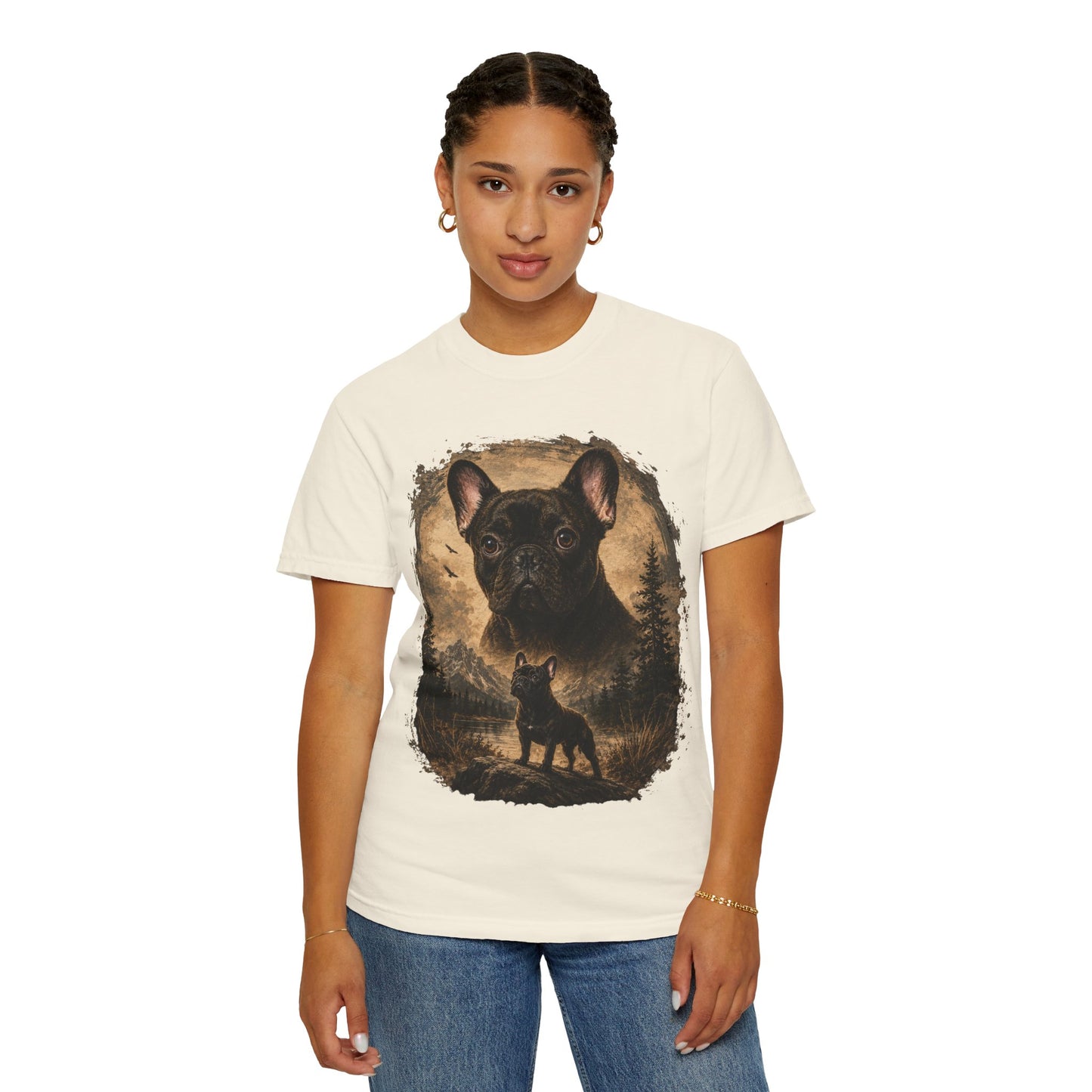 Black French Bulldog Shirt, Vintage Frenchie Nature Tee, Rustic French Bulldog Shirt, Dog Lover Gift, Frenchie Mountain Landscape Tee, Outdoors Dog Shirt, French Bulldog Art