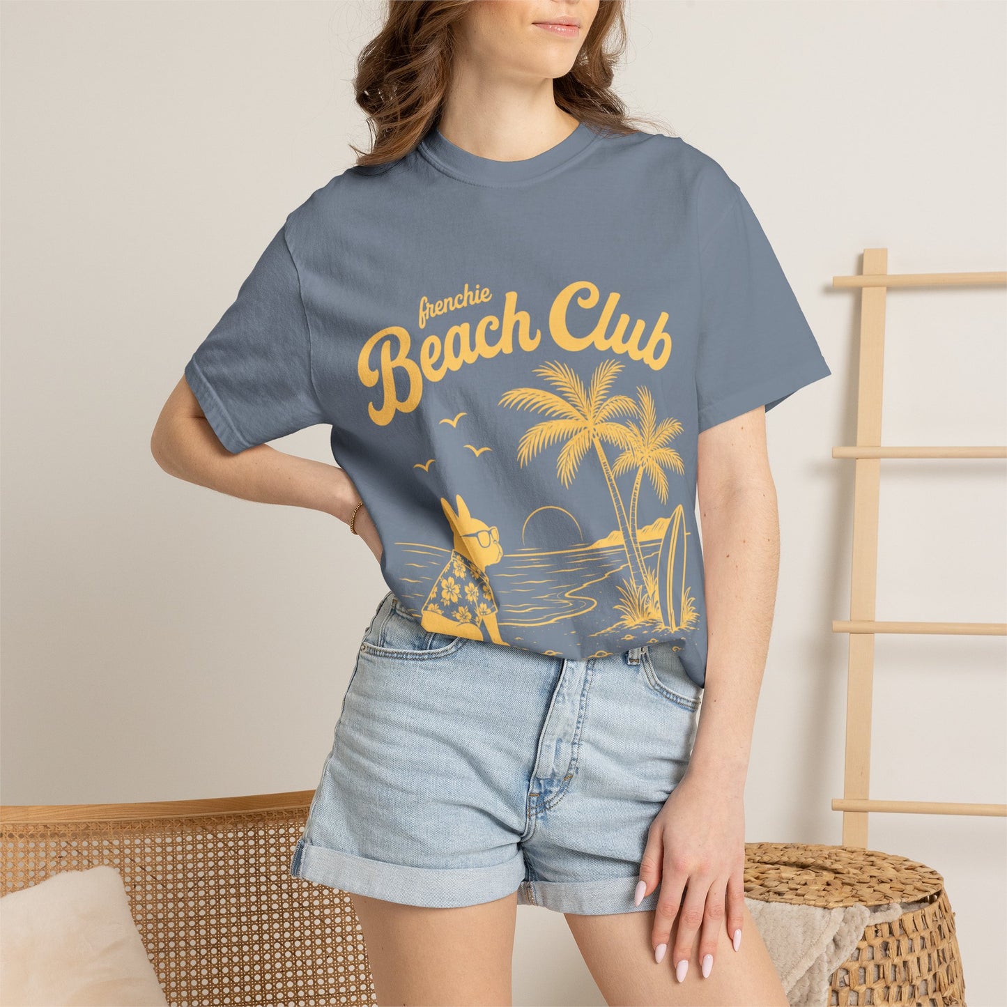 Frenchie Beach Club T-Shirt — Cute French Bulldog Surfing Palm Beach Tee