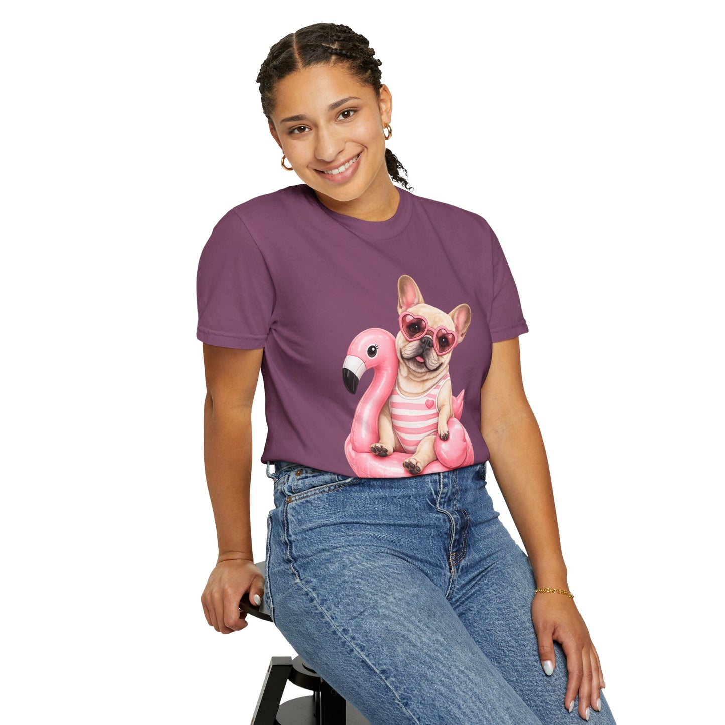 French Bulldog on Pink Flamingo Float T-Shirt — Cute Summer Dog Tee