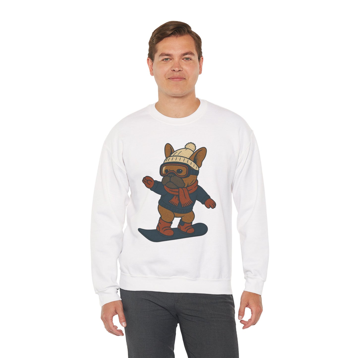 Snowboarding Frenchie Sweatshirt – Cute French Bulldog Winter Sweater, Snowboard Dog Pullover, Cozy Holiday Ski Dog Crewneck, Frenchie Lover Gift