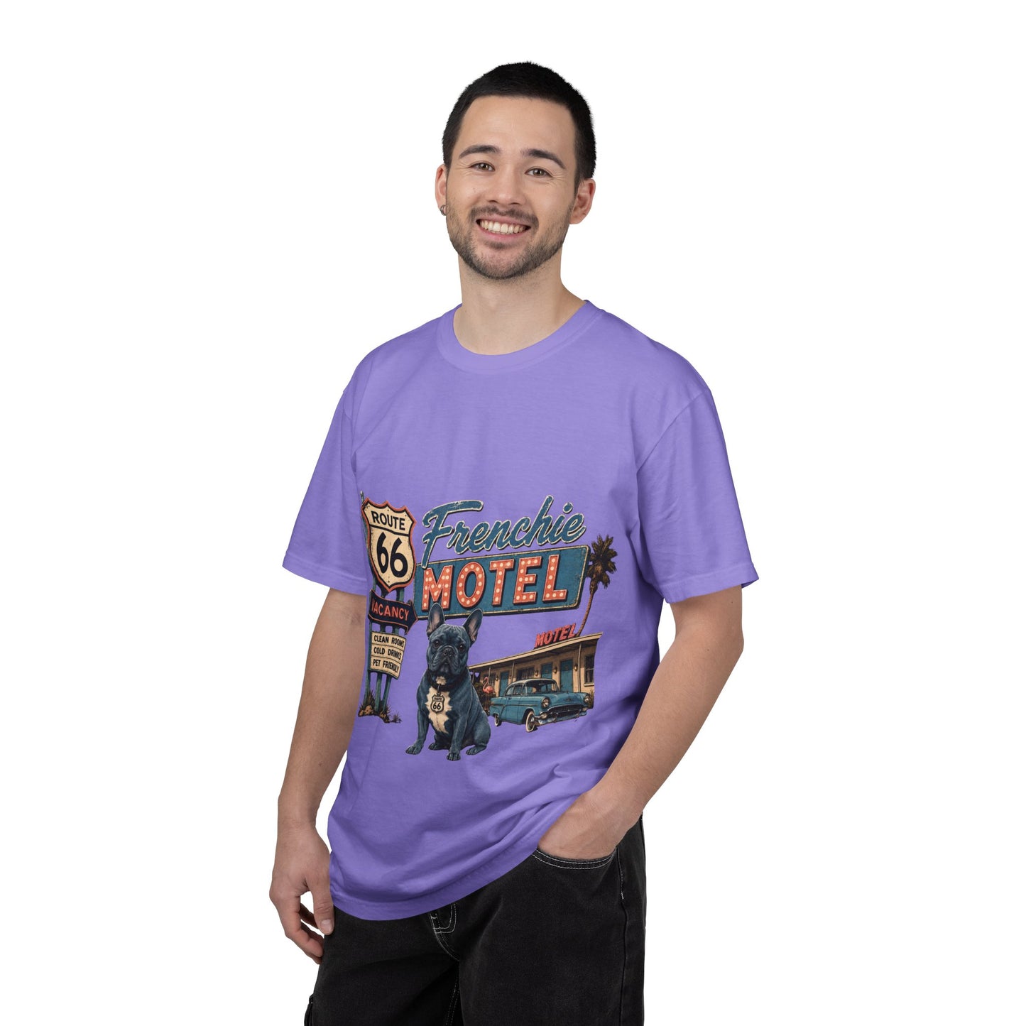 Route 66 Frenchie Motel Shirt, French Bulldog Retro Travel Tee, Vintage Road Trip Shirt, Dog Lover Graphic Tee, Route 66 Dog Shirt, Frenchie Motel T-Shirt, Retro Americana Gift