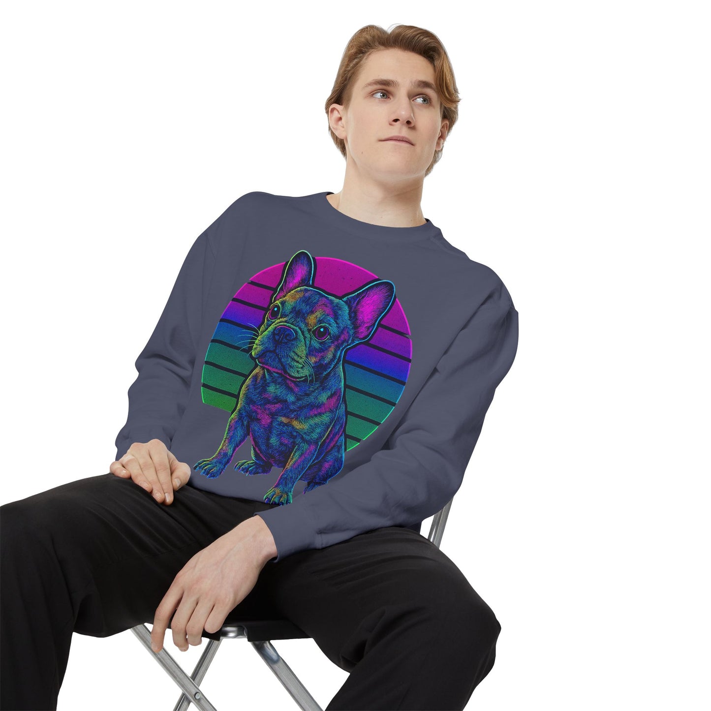 Neon French Bulldog Sweatshirt | Retro 80s Frenchie Pullover | Colorful Dog Lover Crewneck