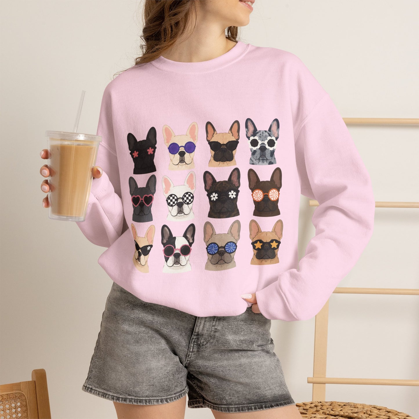 French Bulldog Faces Crewneck Sweatshirt – Cute Sunglasses Dogs Graphic