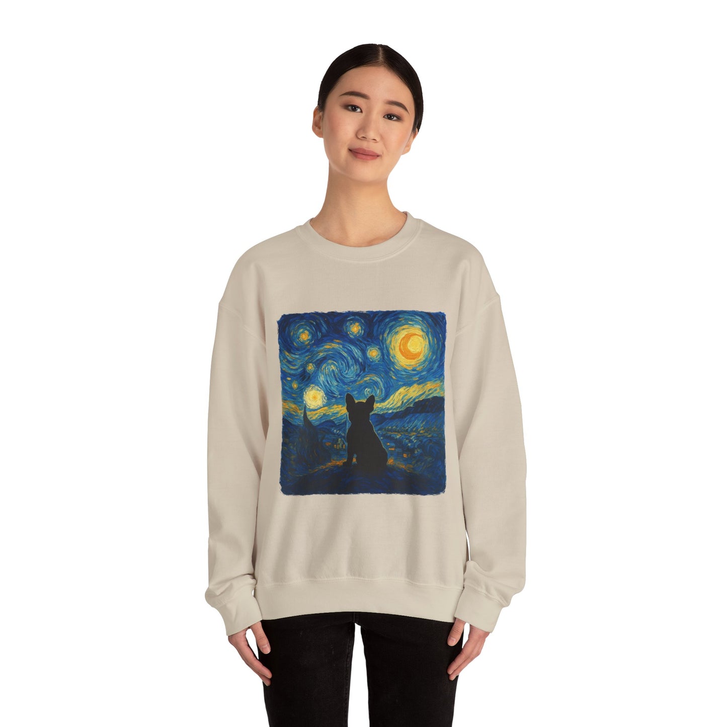 Starry Night Frenchie Sweatshirt – Van Gogh Inspired French Bulldog Art Crewneck, Cozy Dog Lover Gift, Retro Frenchie Sweater