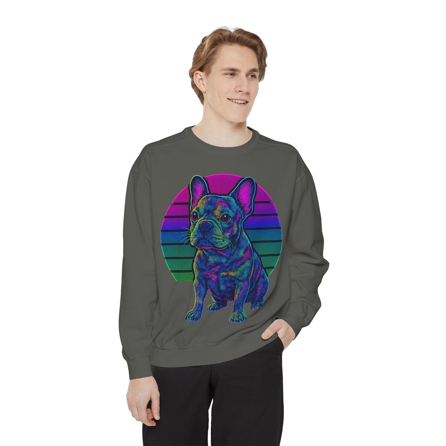 Neon French Bulldog Sweatshirt | Retro 80s Frenchie Pullover | Colorful Dog Lover Crewneck