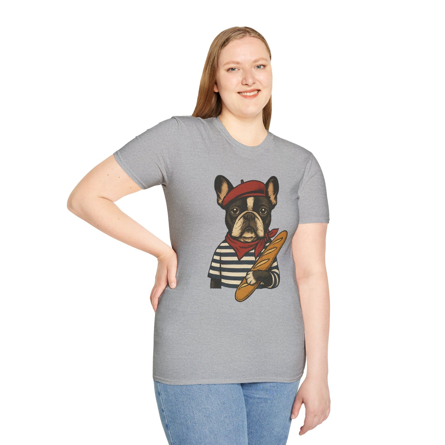 French Bulldog Parisian T-Shirt – Cute Frenchie in Beret & Stripes with Baguette – Funny Dog Lover Tee, French Style Dog Shirt, Gift for Frenchie Moms