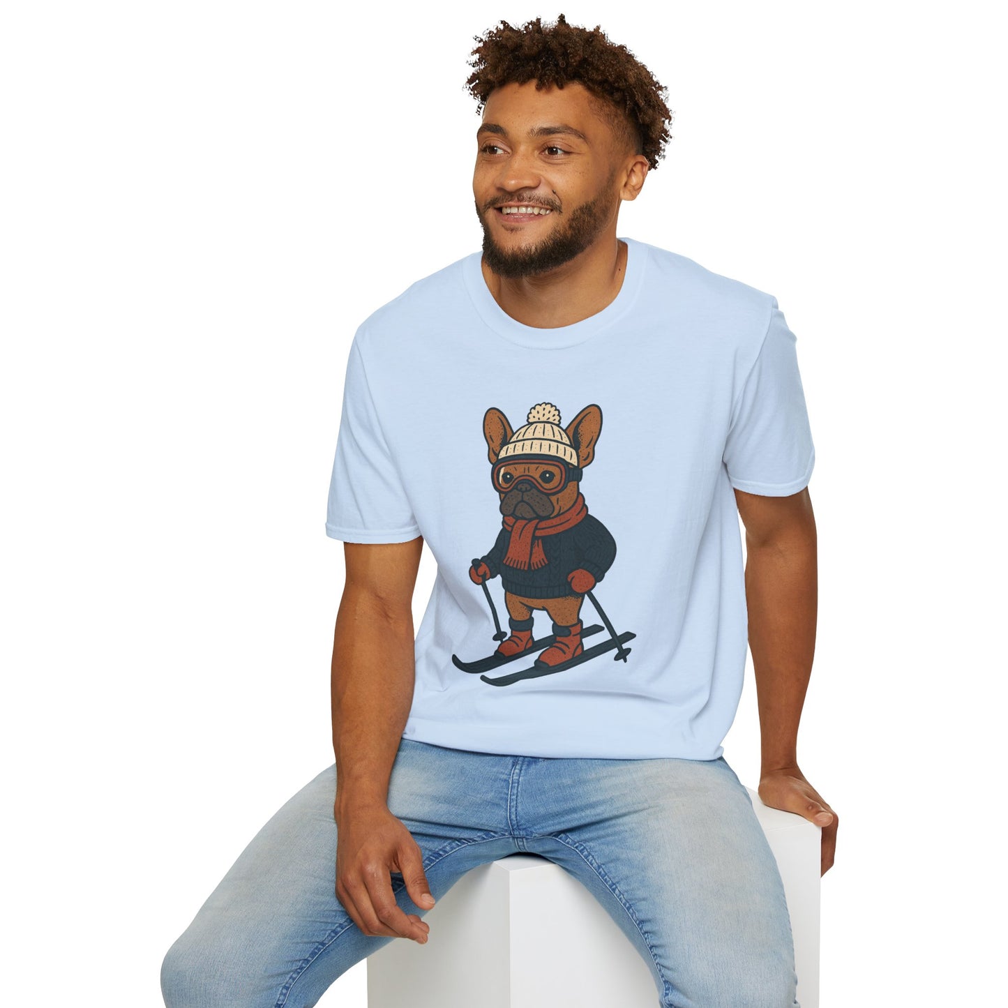 French Bulldog Skiing T-Shirt, Winter Frenchie Shirt, Ski Dog Graphic Tee, Cute Snow Dog Gift, Funny Frenchie Lover Shirt, Skiing Pup Tee