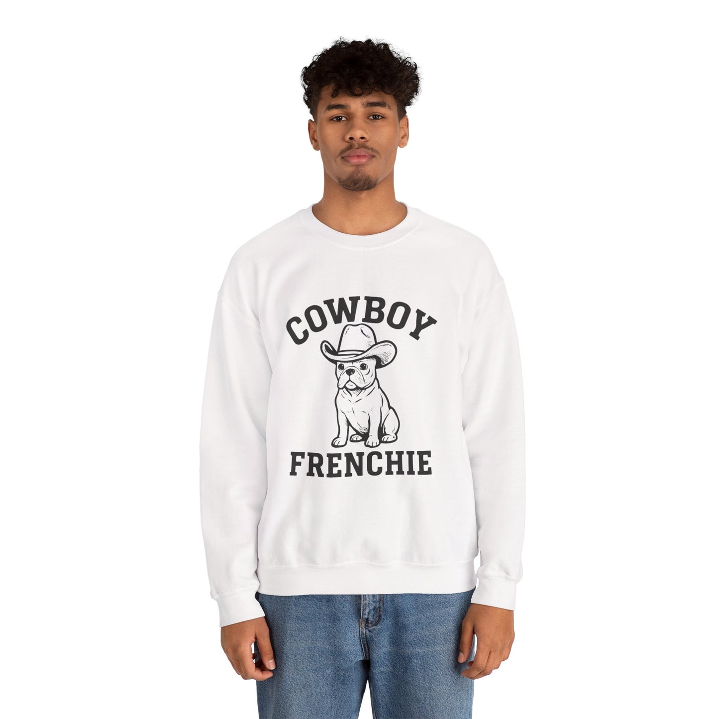 Cowboy Frenchie Sweatshirt – Western French Bulldog Crewneck, Cowboy Dog Sweater, Cute Frenchie Mom Gift, Country Western Dog Lover Shirt, Rustic Cowboy Pet Apparel