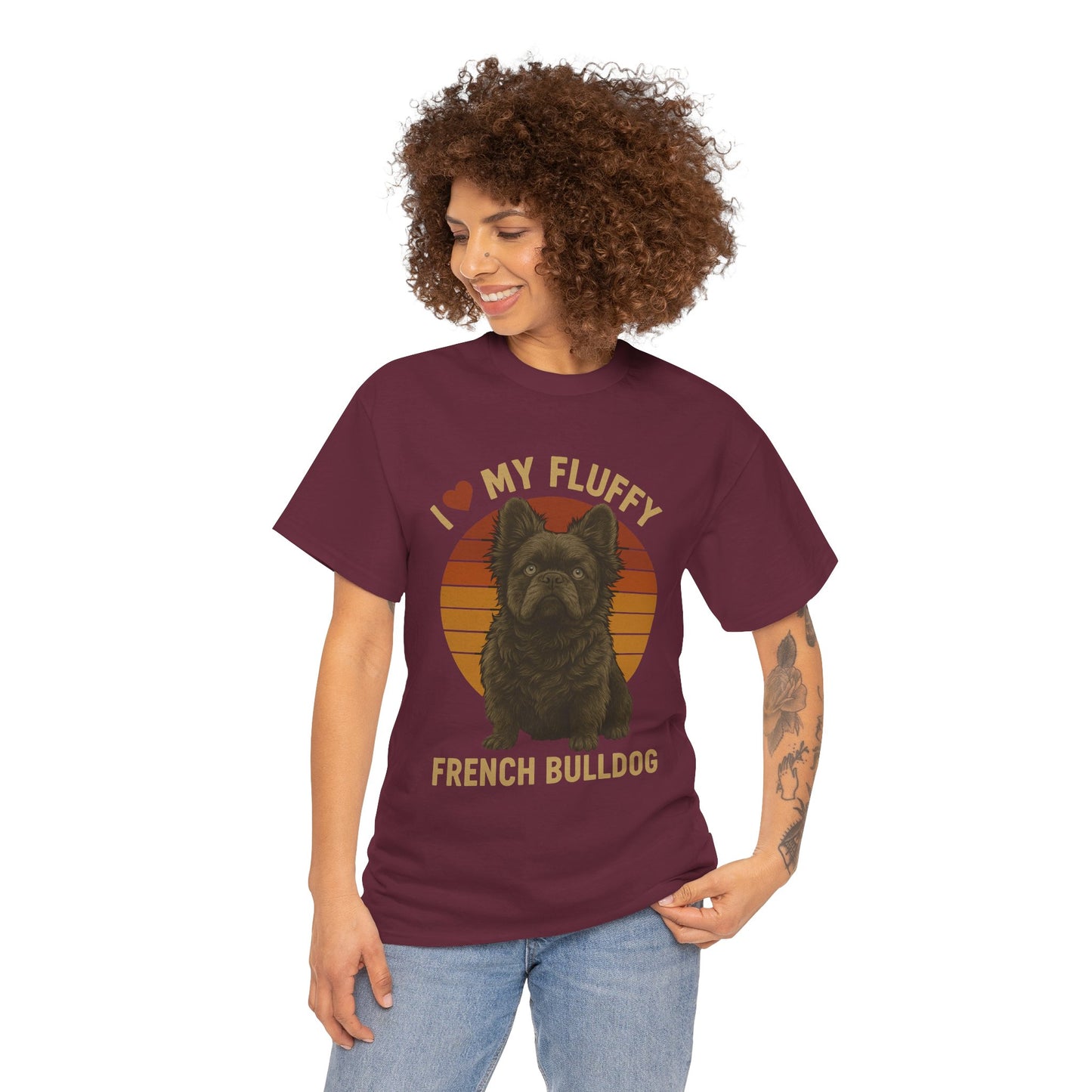 I Love My Fluffy French Bulldog Shirt – Cute Fluffy Frenchie Mom Tee – Retro Sunset Dog Lover Gift – Fluffy Frenchie Owner Present – Pet Parent T-Shirt