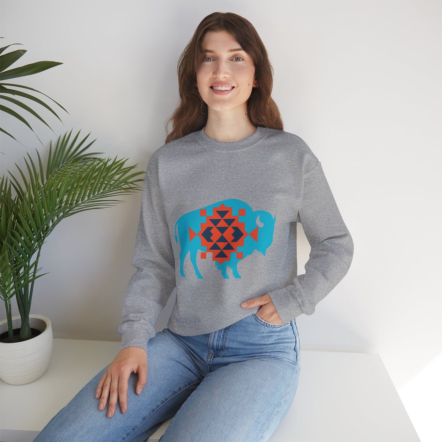 Aztec Bison Oklahoma Basketball Sweatshirt | Blue & Orange Tribal Bison Crewneck | OKC Spirit Sweater | For the City Thunder Fan Gift