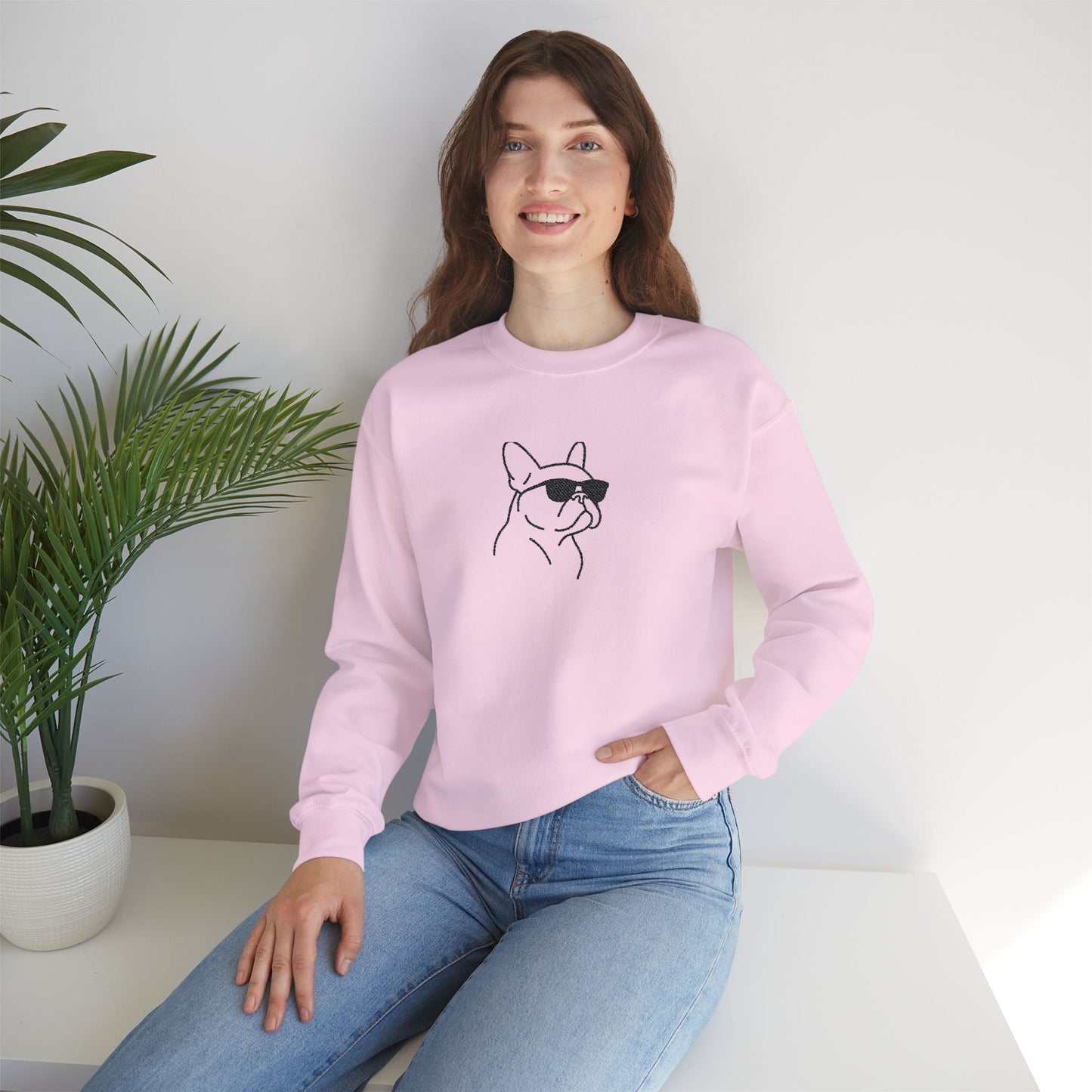 Frenchie in Shades Sweatshirt | Hot Pink French Bulldog Crewneck | Minimal Line Art Dog Lover Gift | Cute Cozy Frenchie Pullover