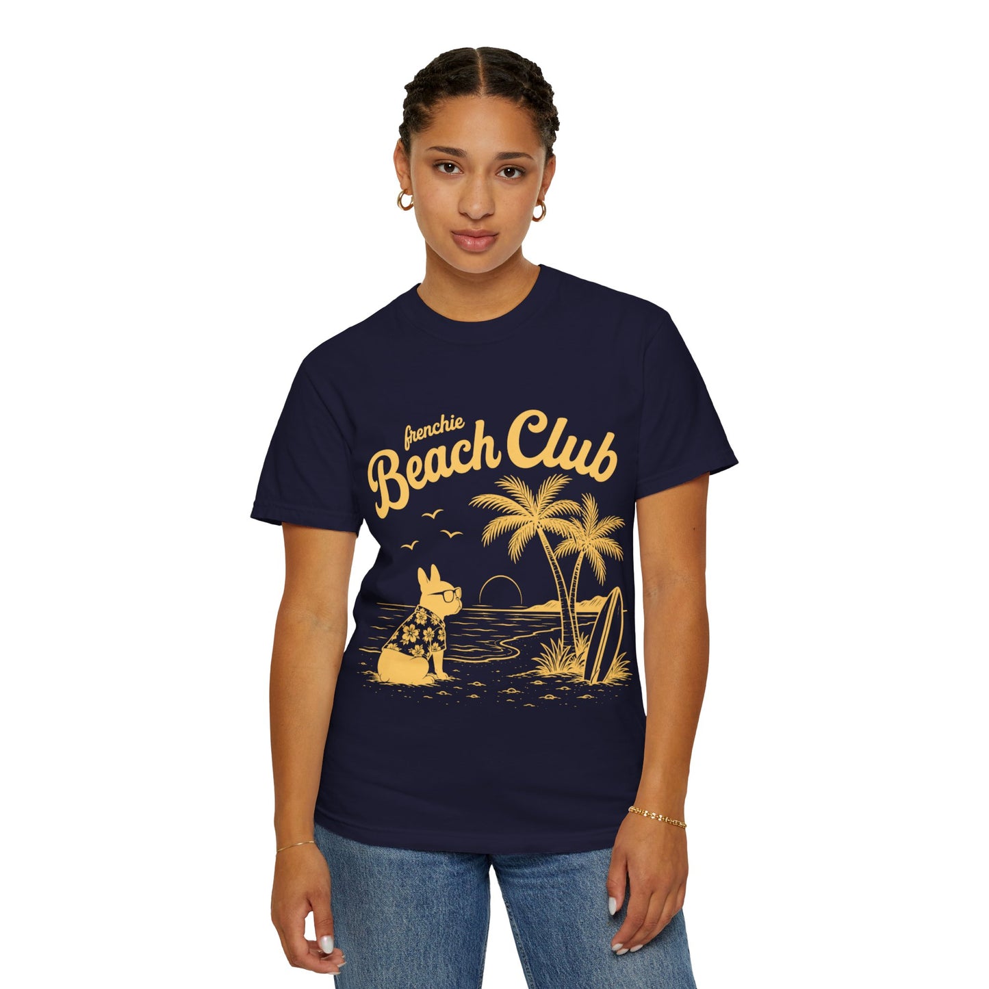 Frenchie Beach Club T-Shirt — Cute French Bulldog Surfing Palm Beach Tee