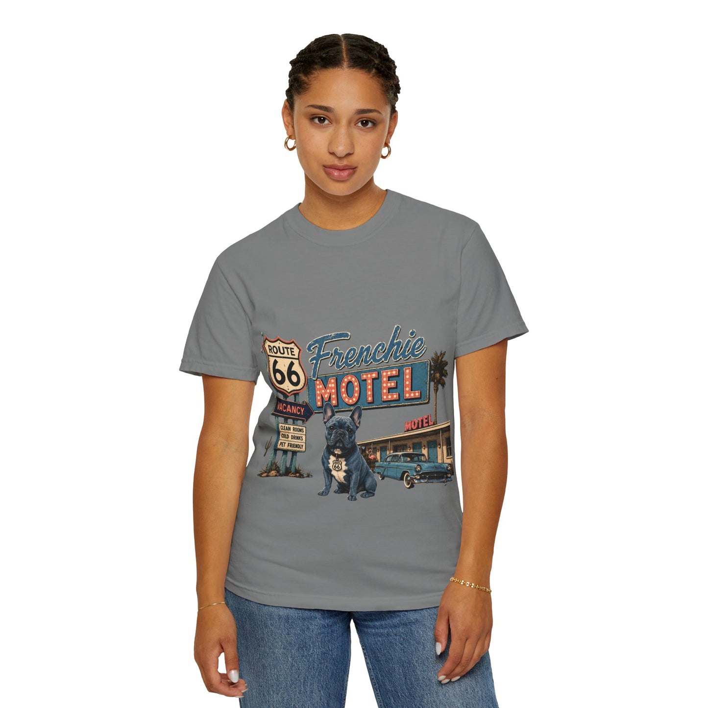 Route 66 Frenchie Motel Shirt, French Bulldog Retro Travel Tee, Vintage Road Trip Shirt, Dog Lover Graphic Tee, Route 66 Dog Shirt, Frenchie Motel T-Shirt, Retro Americana Gift