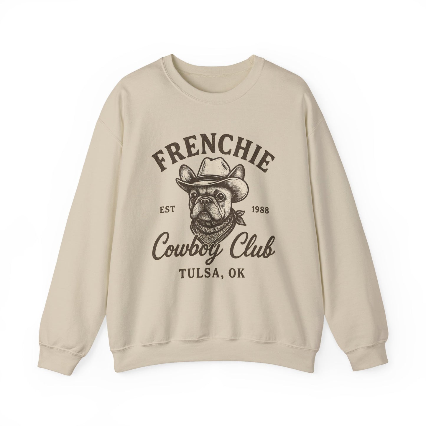Retro Frenchie Cowboy Club Sweatshirt | Vintage Western French Bulldog Pullover | Country Dog Lover Crewneck | Tulsa Oklahoma Graphic Sweater
