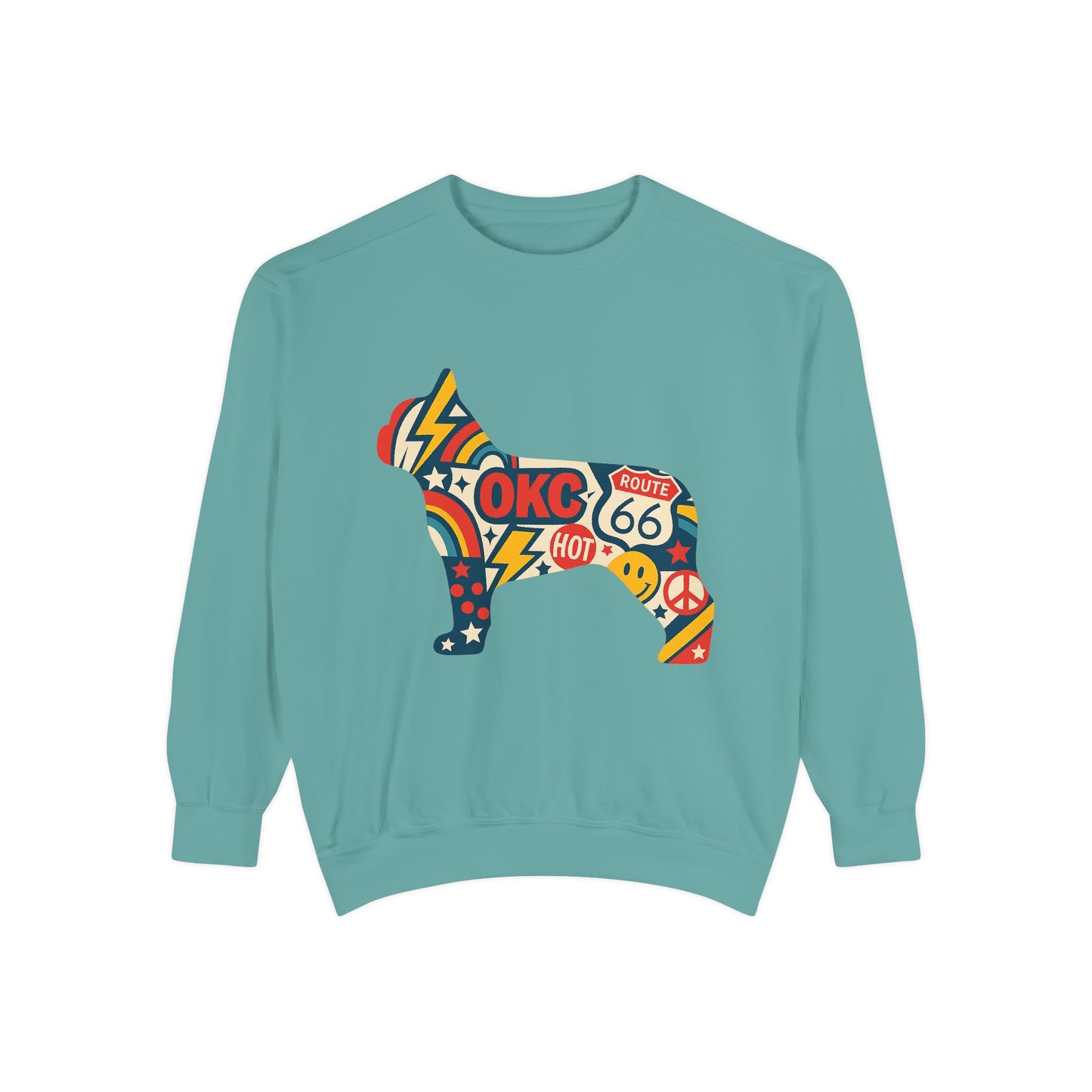 OKC Frenchie Route 66 Sweatshirt | Retro Oklahoma Pullover | Blue Orange Dog Lover Crewneck