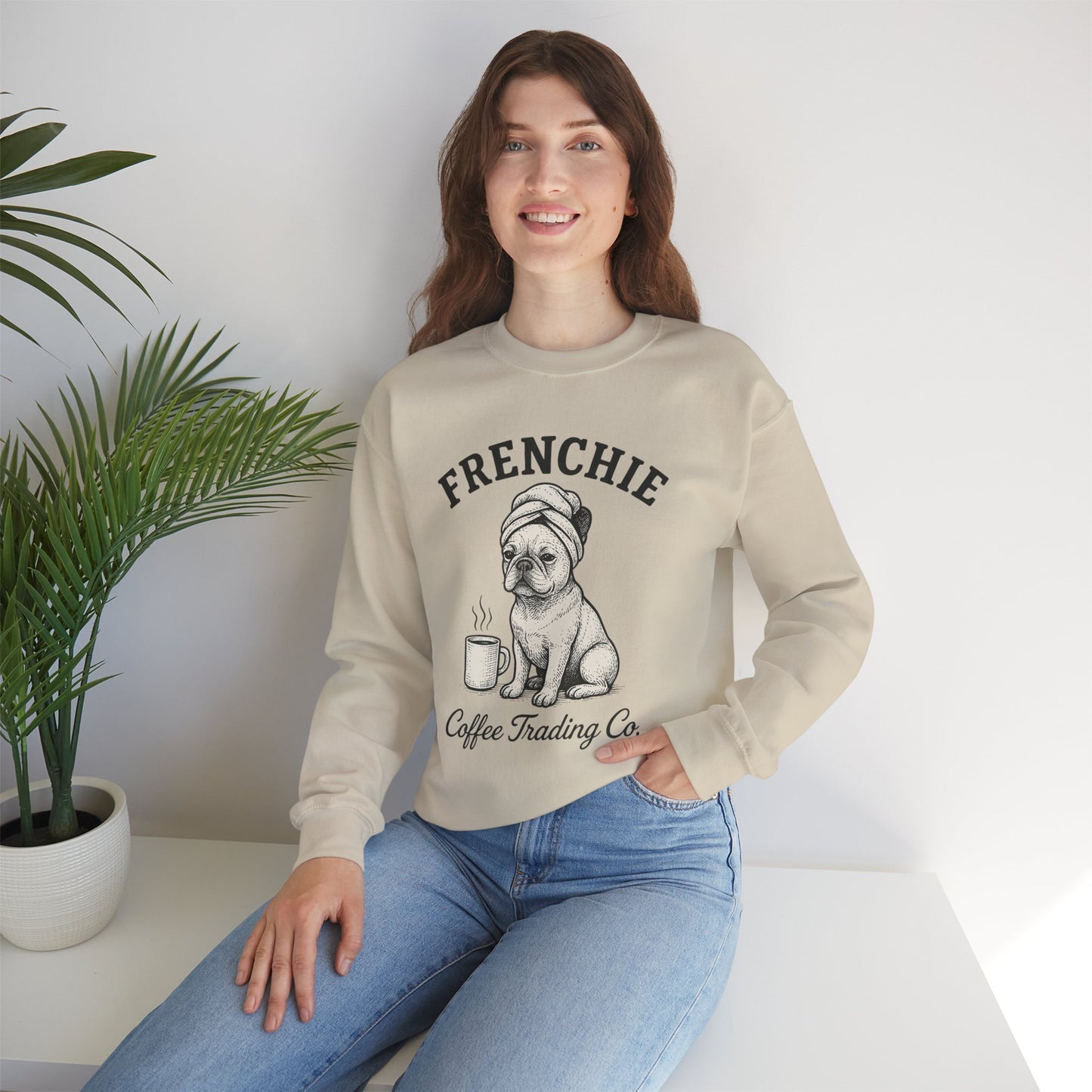 Frenchie Coffee Trading Co. Sweatshirt – Cozy French Bulldog Coffee Lover Crewneck, Vintage Café Dog Sweater, Cute Pet Gift