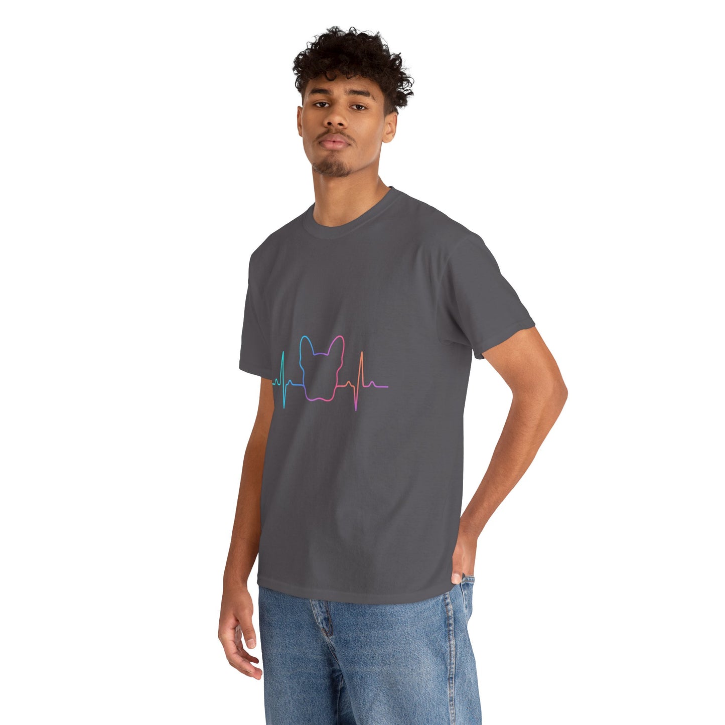 Rainbow Frenchie Heartbeat T-Shirt – Minimalist French Bulldog Line Art Tee, Neon Dog Lover Gift, Pet Mom or Dad Shirt