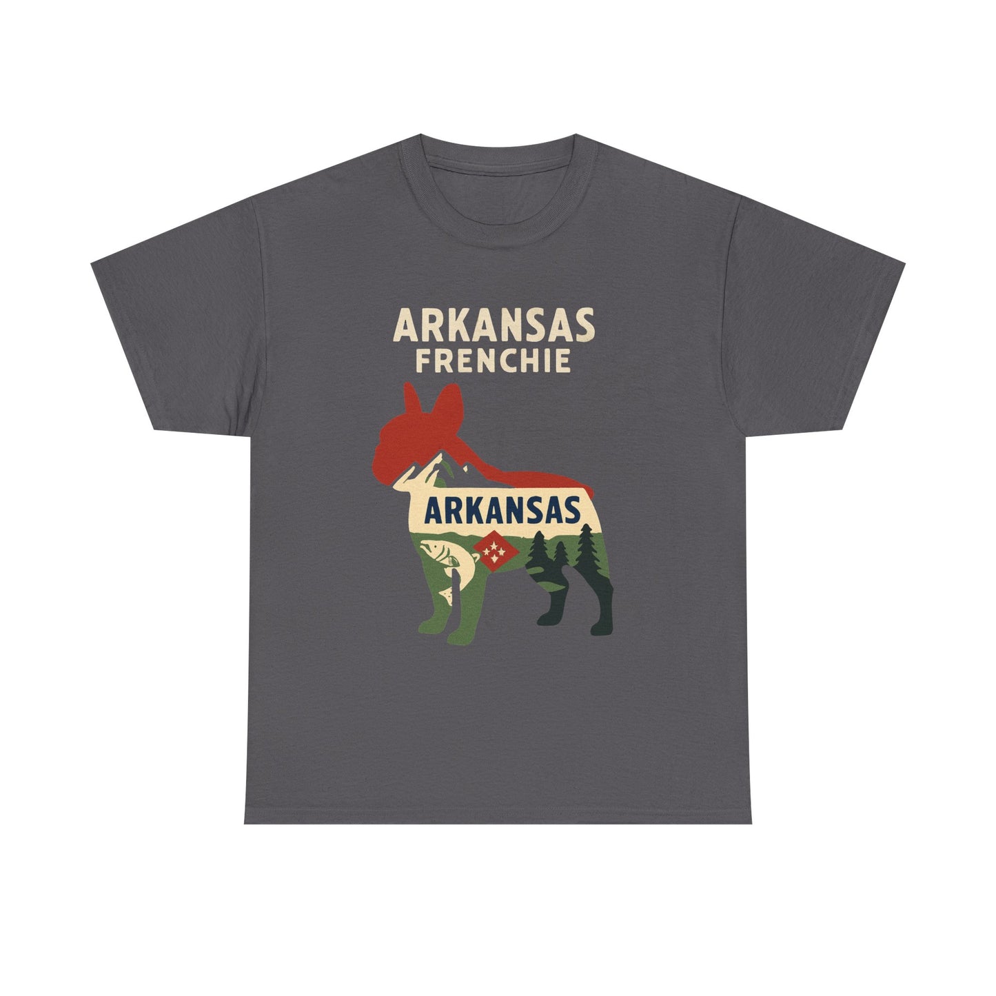 Arkansas Frenchie T-Shirt – French Bulldog State Pride Tee, Retro Arkansas Dog Lover Shirt, Nature Hiking Frenchie Gift