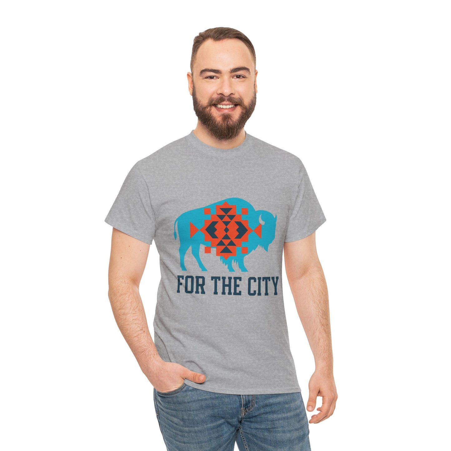 For The City Tribal Bison T-Shirt | Oklahoma Pride Tee | Blue & Orange Southwestern Bison Graphic | OKC Fan Inspired Shirt | Local Oklahoma Gift