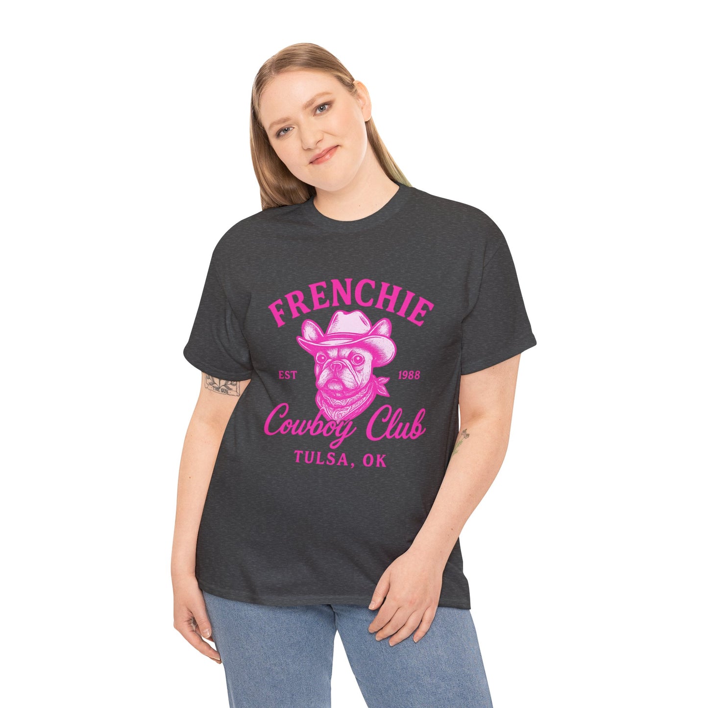 Frenchie Cowboy Club Pink T-Shirt | Hot Pink Western Dog Lover Tee | Tulsa OK French Bulldog Shirt