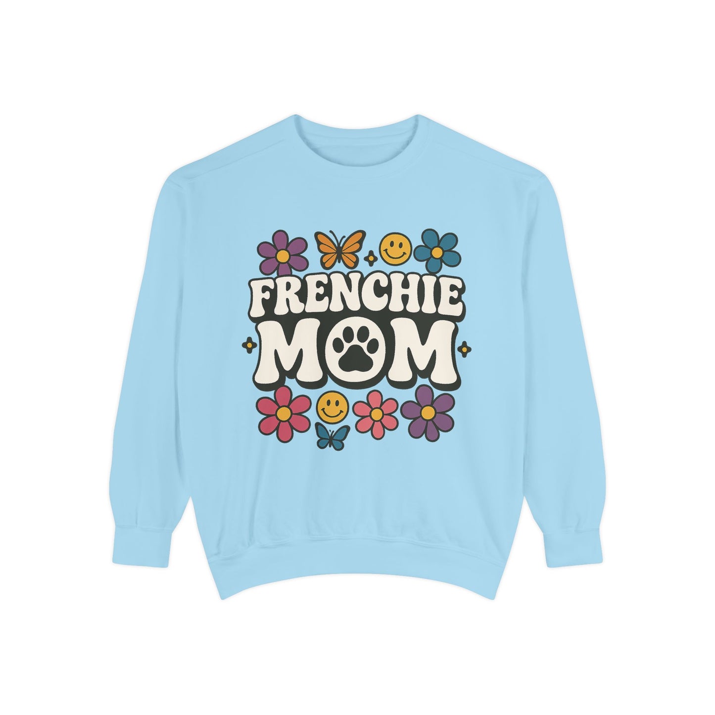Frenchie Mom Sweatshirt | Retro Groovy Dog Lover Pullover | Smiley Flower French Bulldog Crewneck | Cute Colorful Dog Mom Sweater