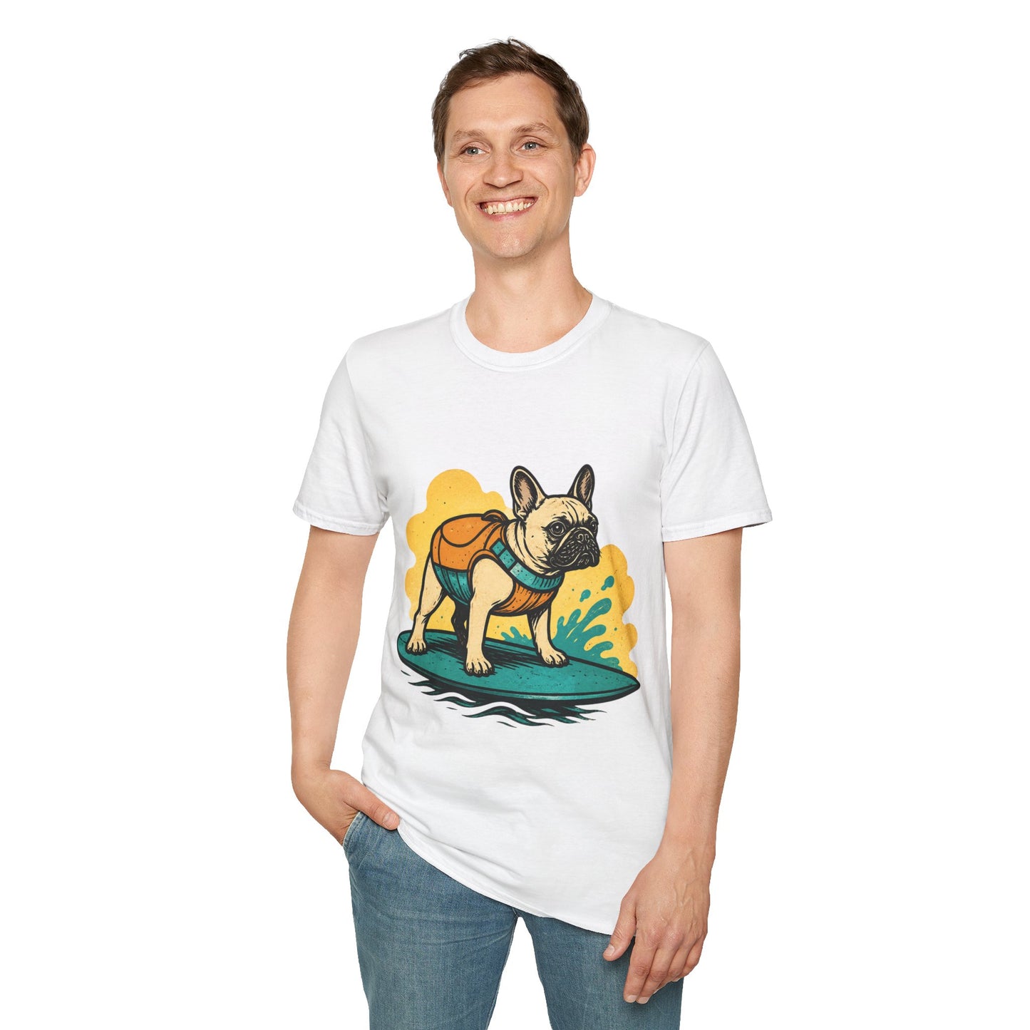 French Bulldog Surf T‑Shirt — Cute Dog with Backpack Beach Tee