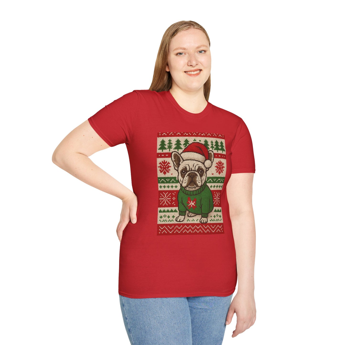 Frenchie Christmas T-Shirt – Cute French Bulldog Ugly Sweater Style Tee, Holiday Dog Lover Shirt, Funny Christmas Frenchie Gift
