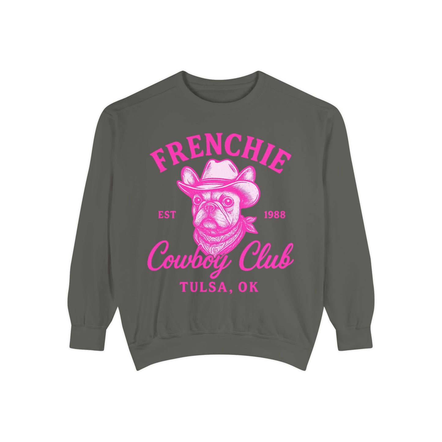 Frenchie Cowboy Club Sweatshirt | Western French Bulldog Pullover | Retro Country Dog Lover Crewneck | Tulsa Oklahoma Cowboy Graphic Sweater