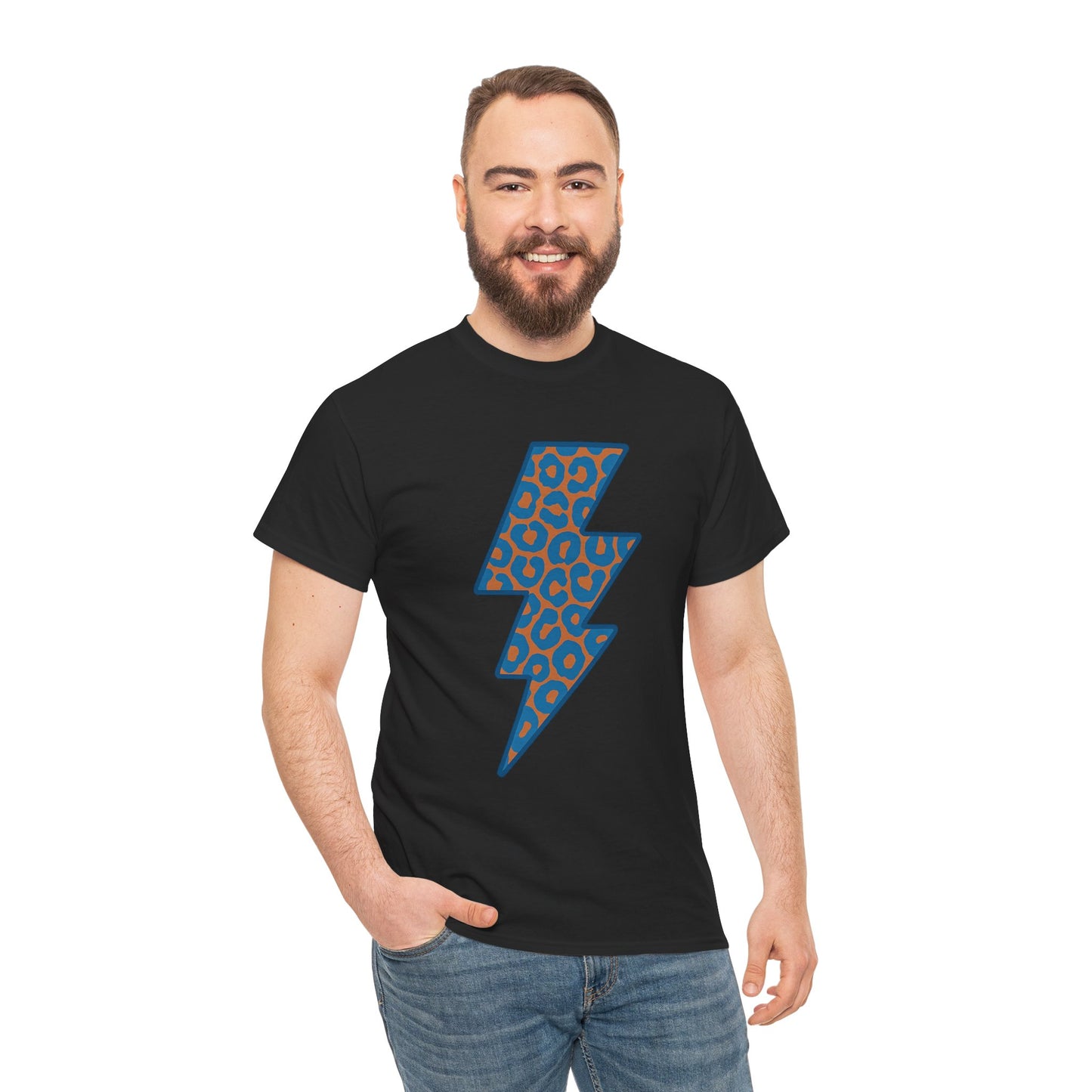 Blue Leopard Lightning Bolt T-Shirt | OKC Thunder Inspired Shirt | Orange & Blue Game Day Tee | Retro Lightning Graphic