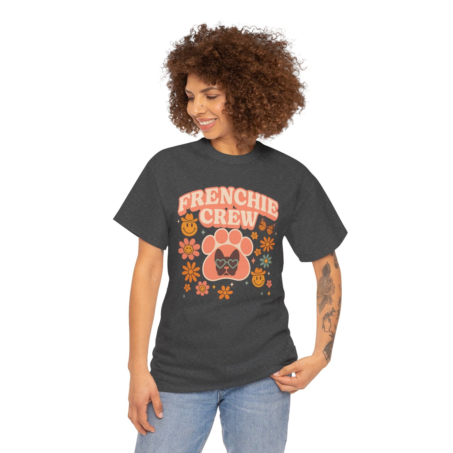 Frenchie Crew T-Shirt | Retro 70s Floral French Bulldog Tee | Groovy Dog Mom Shirt | Frenchie Lover Gift | Vintage Aesthetic Graphic Tee