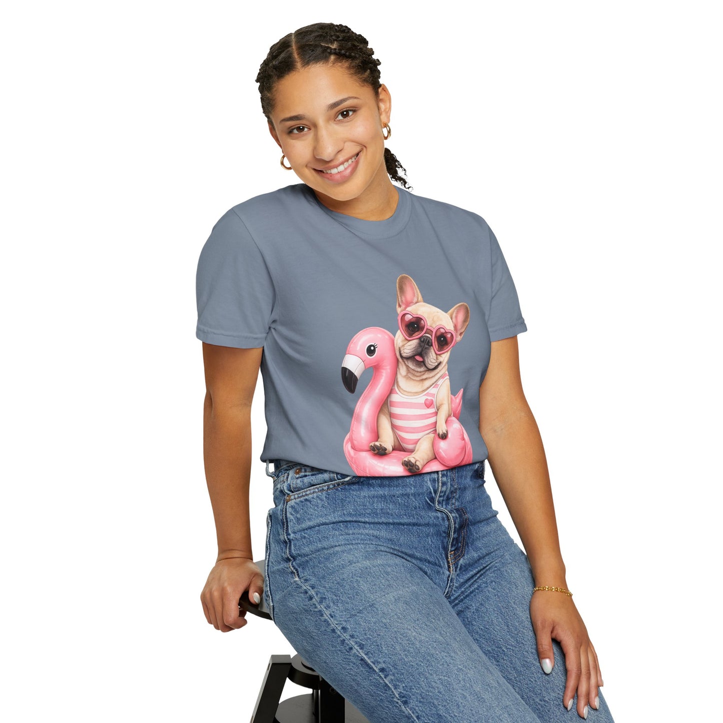 French Bulldog on Pink Flamingo Float T-Shirt — Cute Summer Dog Tee