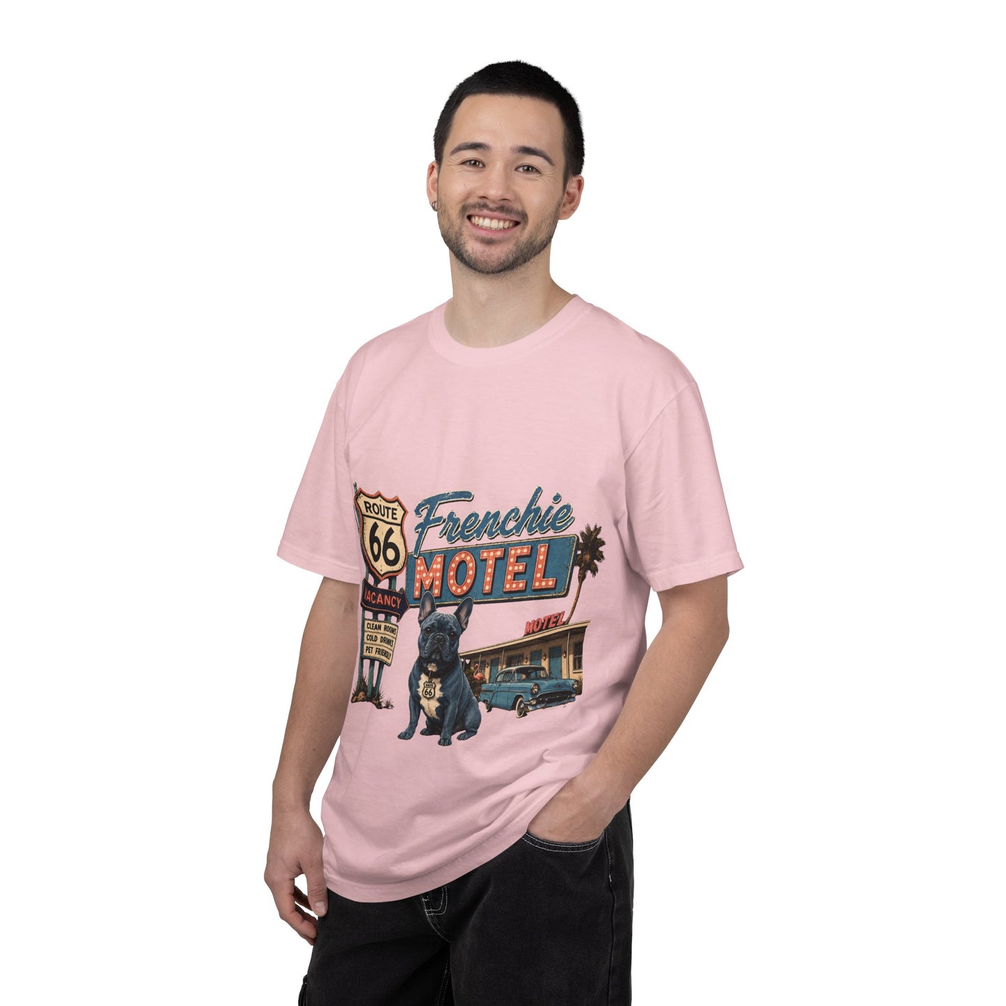 Route 66 Frenchie Motel Shirt, French Bulldog Retro Travel Tee, Vintage Road Trip Shirt, Dog Lover Graphic Tee, Route 66 Dog Shirt, Frenchie Motel T-Shirt, Retro Americana Gift