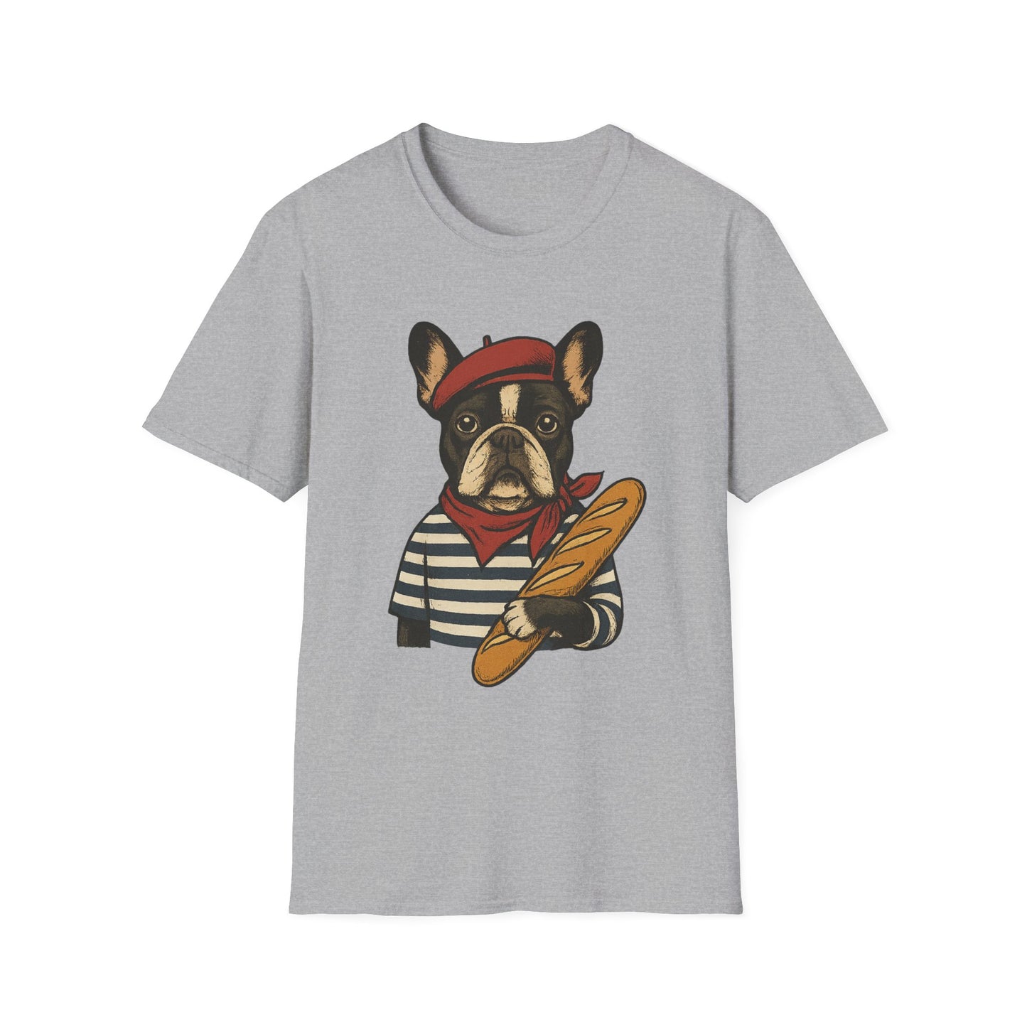 French Bulldog Parisian T-Shirt – Cute Frenchie in Beret & Stripes with Baguette – Funny Dog Lover Tee, French Style Dog Shirt, Gift for Frenchie Moms