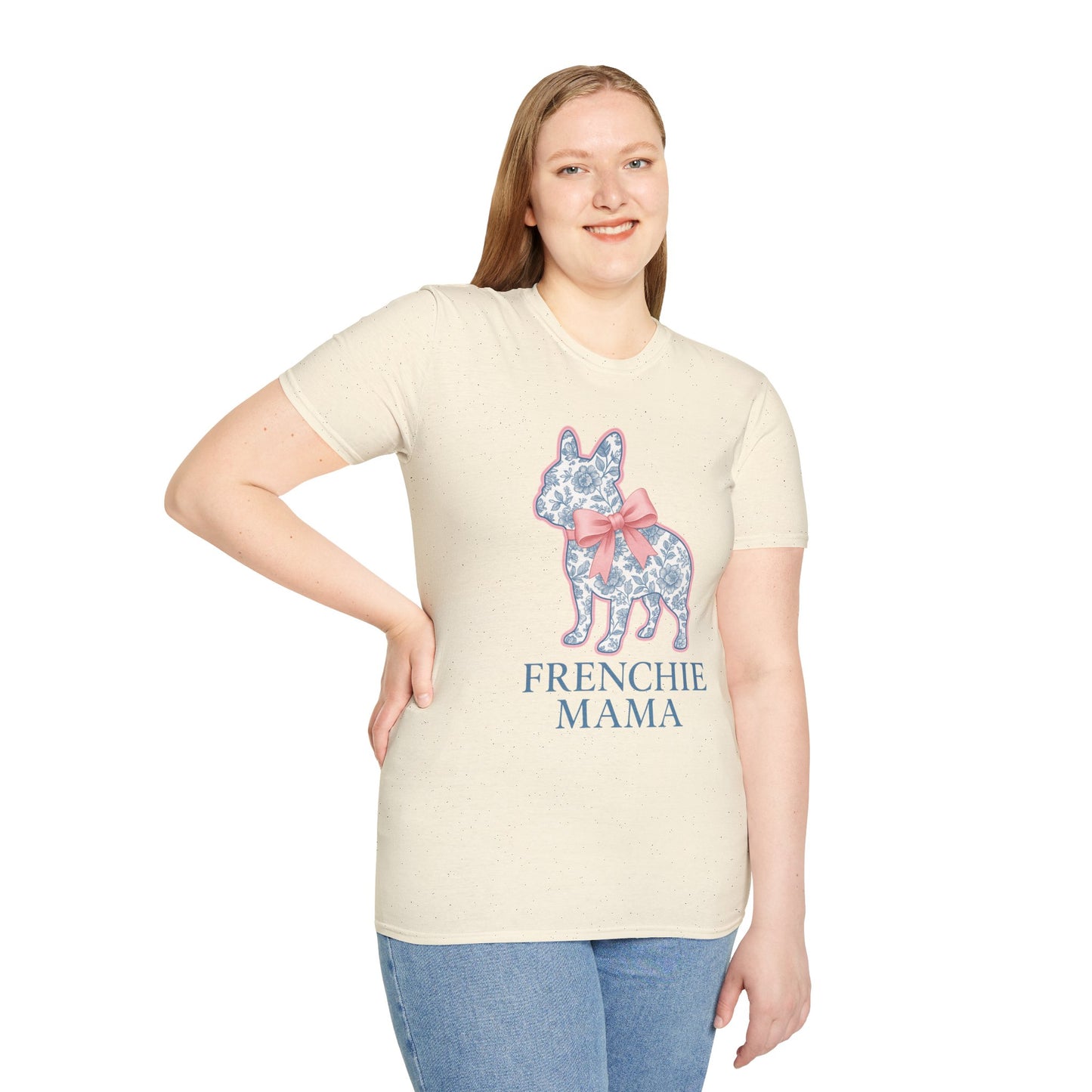 Frenchie Mama Shirt – Floral French Bulldog Silhouette Tee with Pink Bow, Dog Mom Gift, Cute Frenchie Lover T-Shirt, Pastel Dog Mom Apparel