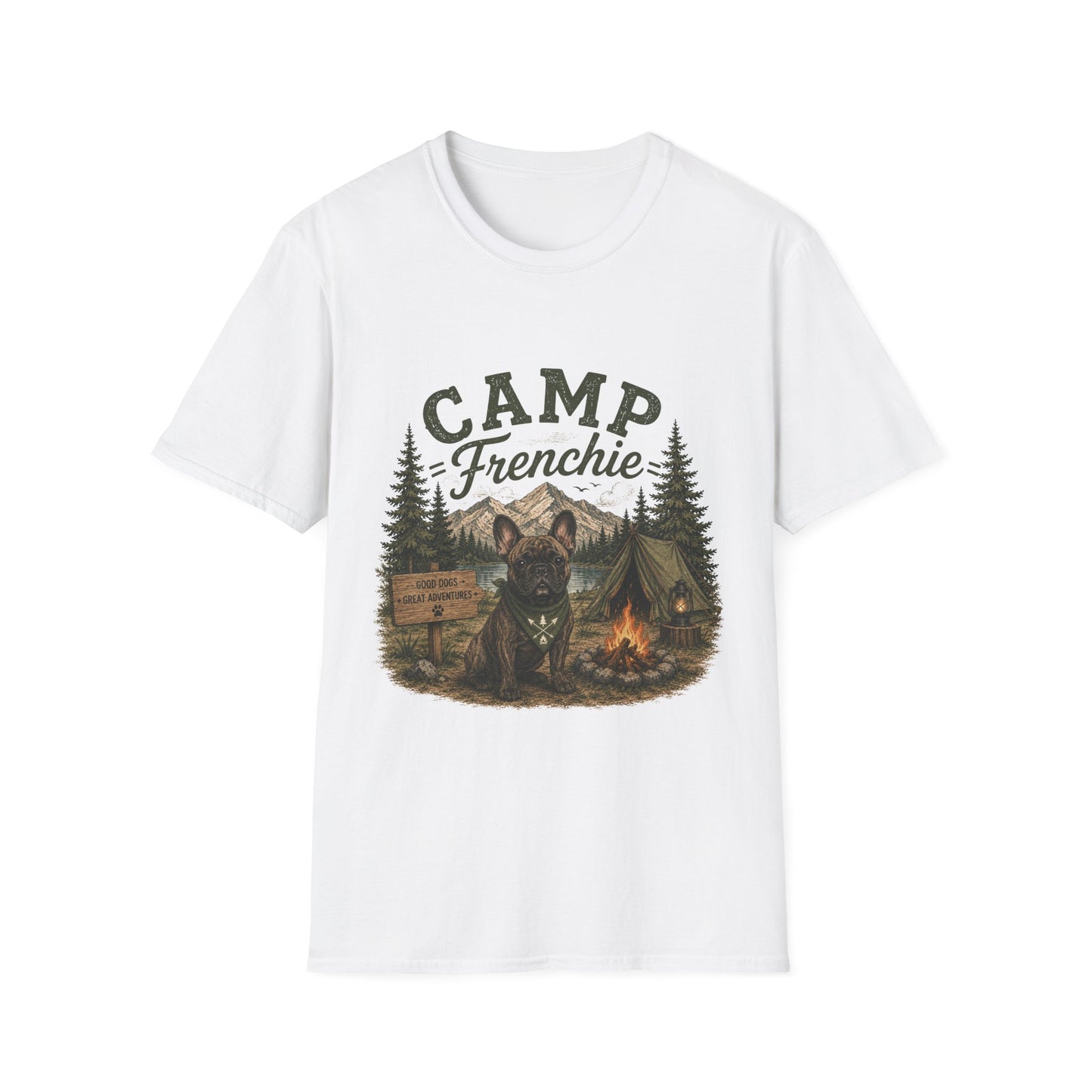 Camp Frenchie Shirt, French Bulldog Camping Shirt, Frenchie Outdoor Tee, Dog Camping Shirt, Adventure Dog Lover Gift, Campfire French Bulldog T-Shirt, Nature Graphic Tee