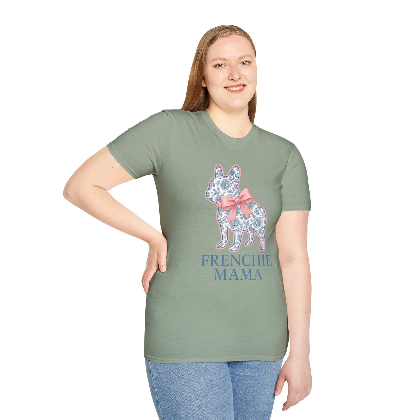 Frenchie Mama Shirt – Floral French Bulldog Silhouette Tee with Pink Bow, Dog Mom Gift, Cute Frenchie Lover T-Shirt, Pastel Dog Mom Apparel