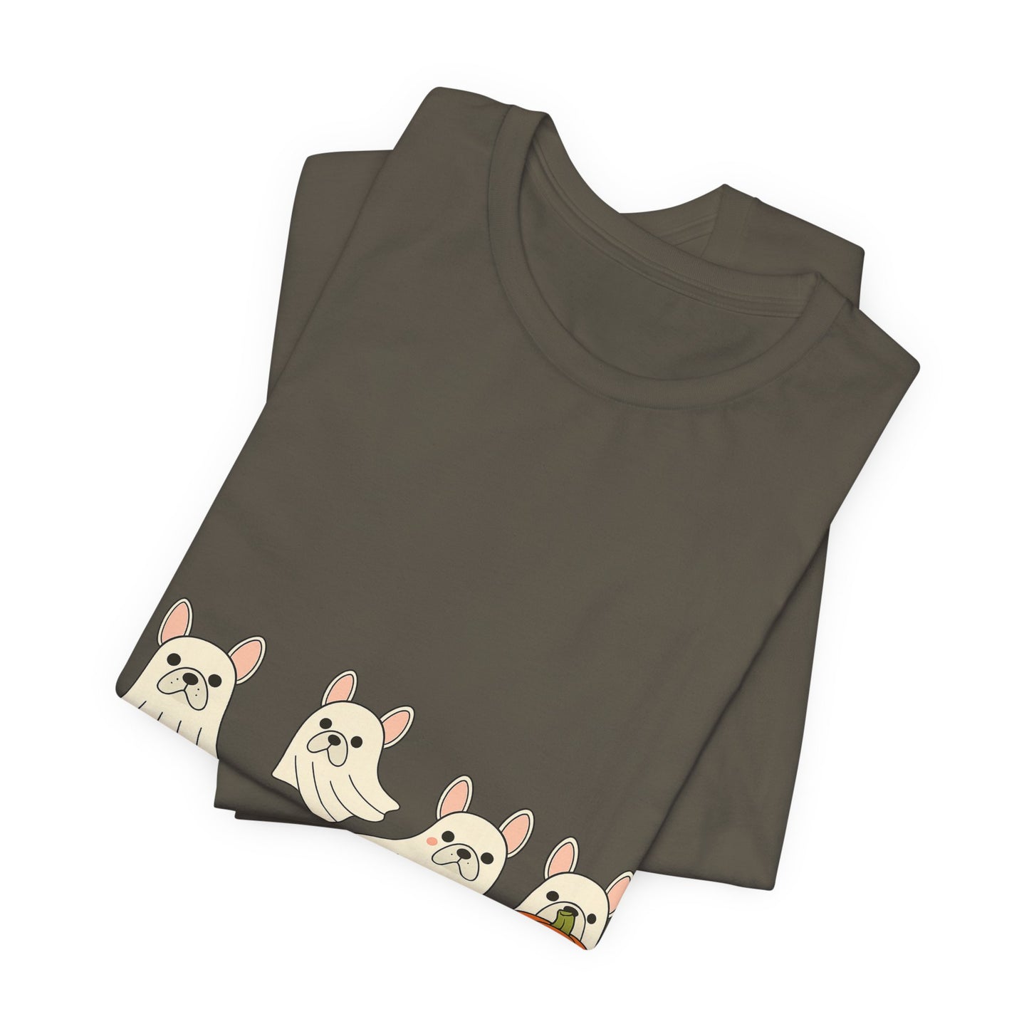 Frenchie Ghost Halloween T-Shirt | Cute French Bulldog Graphic Tee | Funny Dog Lover Spooky Season Shirt | Pumpkin Ghost Frenchie Tee