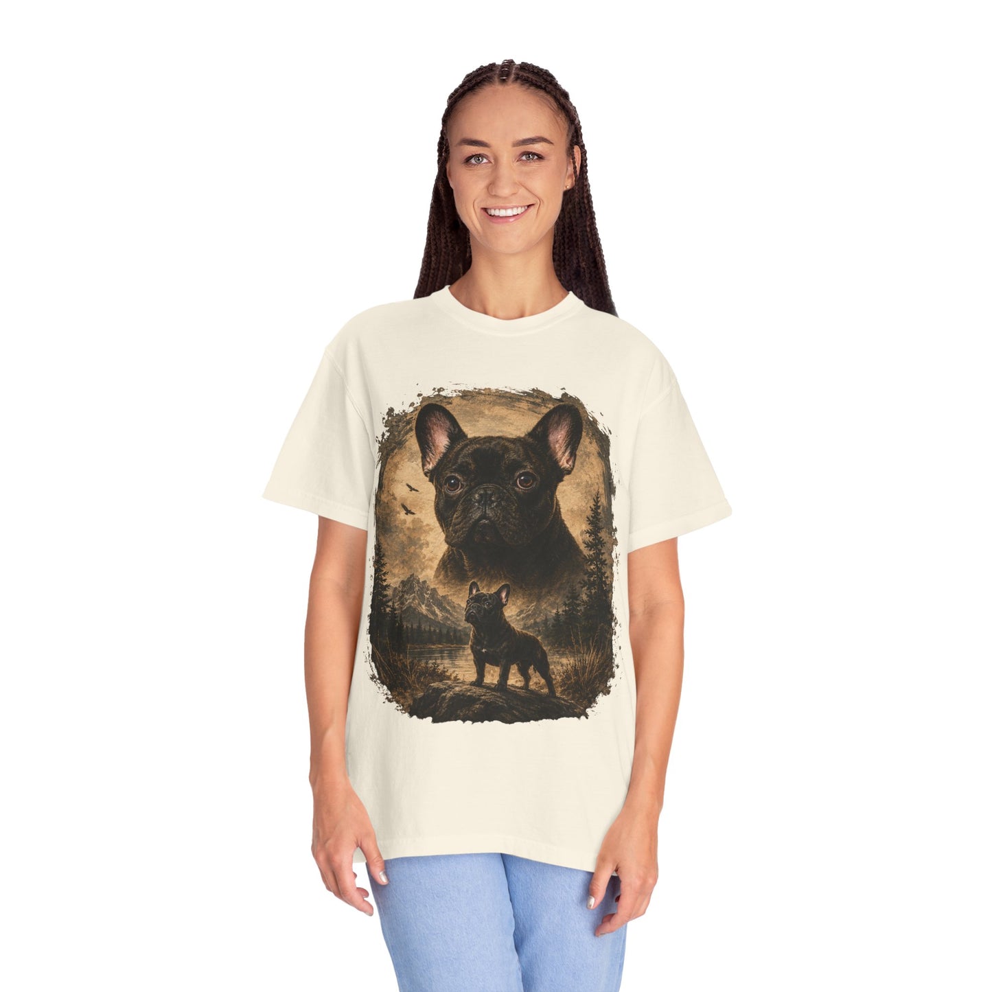 Black French Bulldog Shirt, Vintage Frenchie Nature Tee, Rustic French Bulldog Shirt, Dog Lover Gift, Frenchie Mountain Landscape Tee, Outdoors Dog Shirt, French Bulldog Art