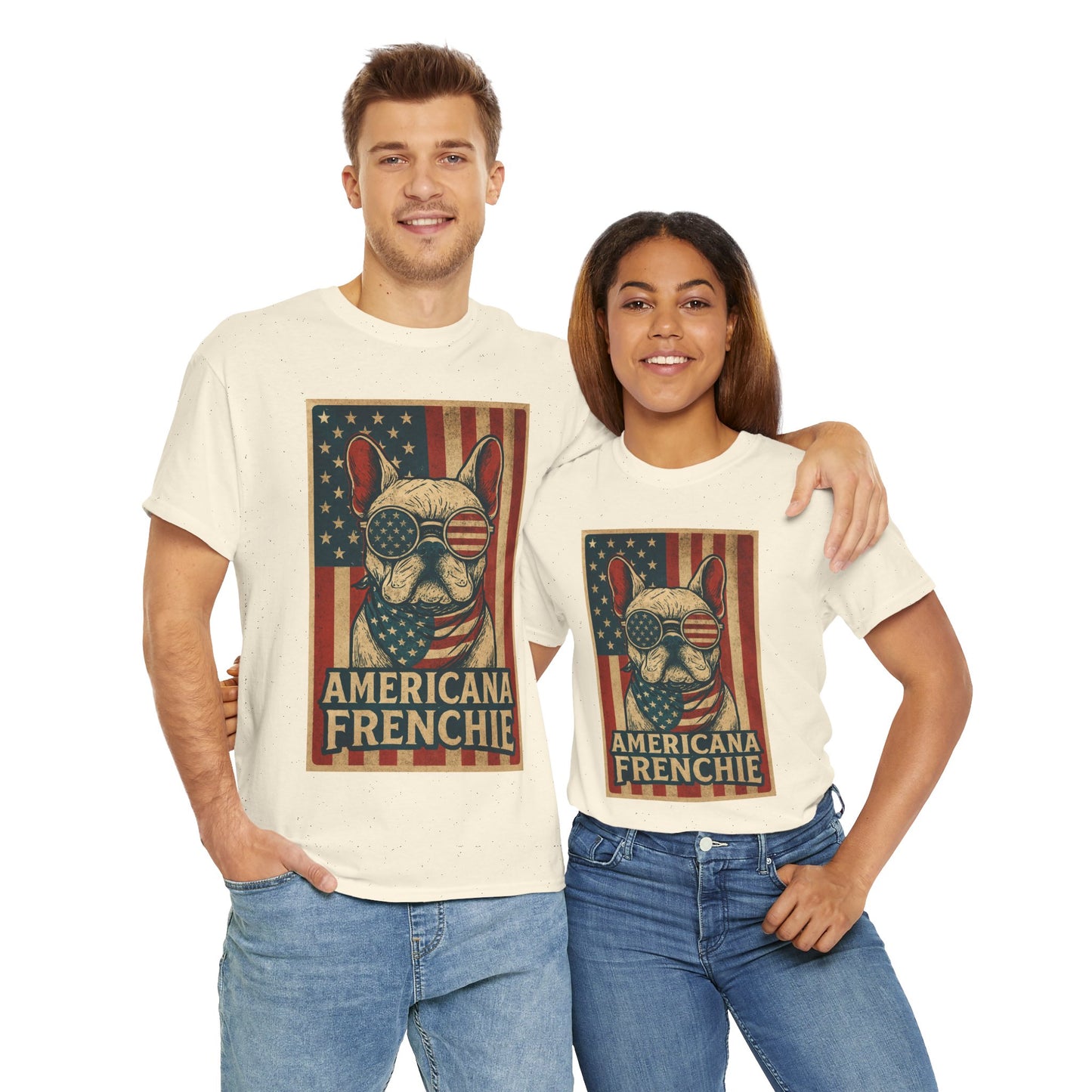 Americana Frenchie T-Shirt – Patriotic French Bulldog Tee, USA Flag Dog Shirt, 4th of July Frenchie Gift, Vintage Retro Style