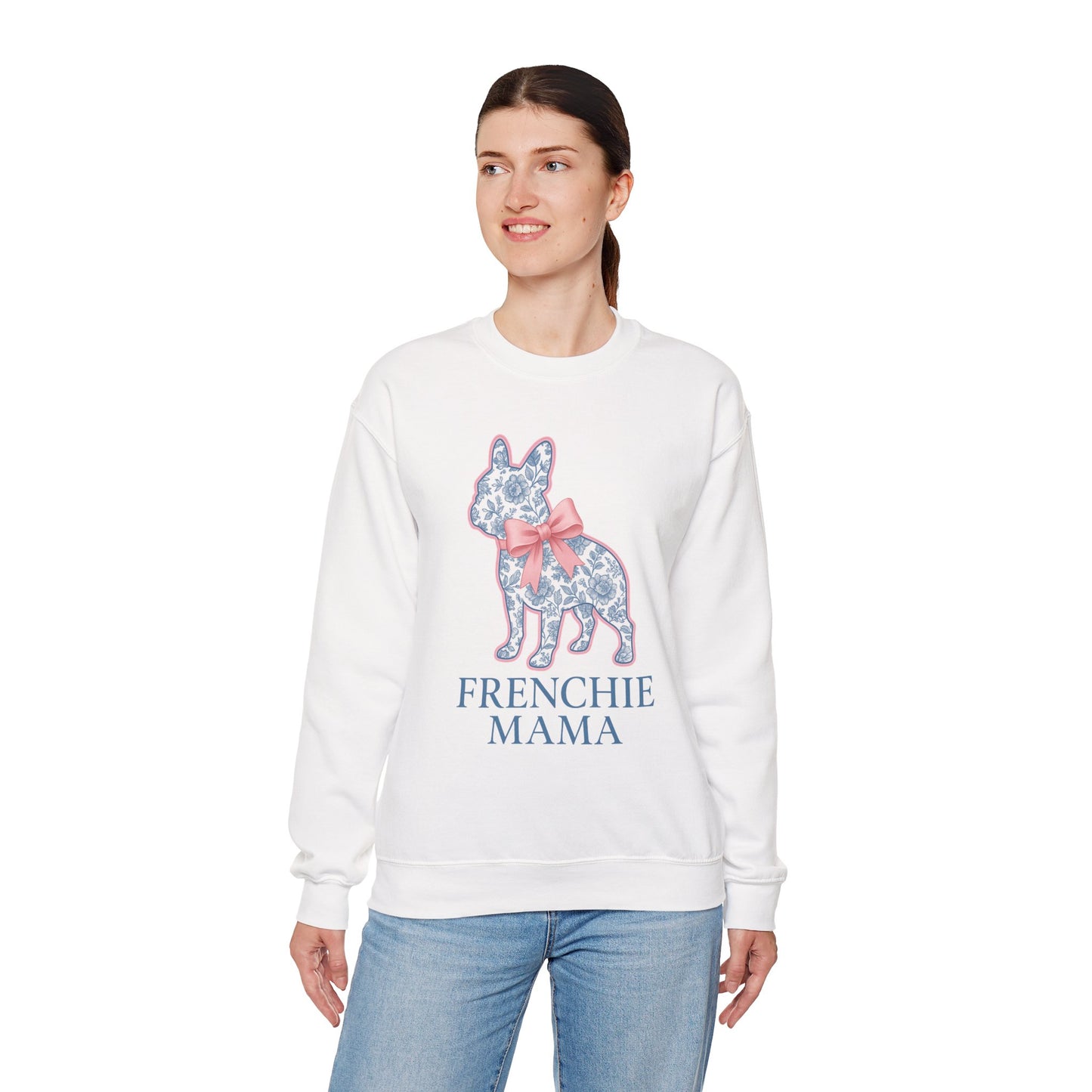Frenchie Mama Sweatshirt – Blue Floral French Bulldog with Pink Bow, Cute Dog Mom Crewneck, French Bulldog Lover Gift, Cozy Dog Mom Sweater