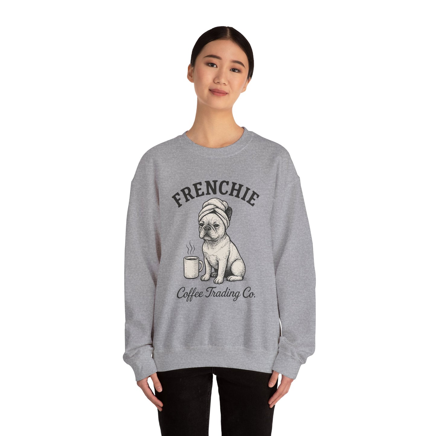 Frenchie Coffee Trading Co. Sweatshirt – Cozy French Bulldog Coffee Lover Crewneck, Vintage Café Dog Sweater, Cute Pet Gift