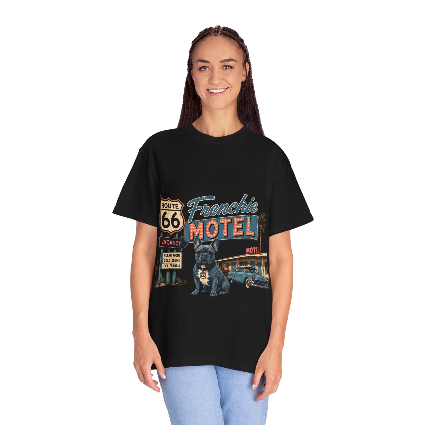 Route 66 Frenchie Motel Shirt, French Bulldog Retro Travel Tee, Vintage Road Trip Shirt, Dog Lover Graphic Tee, Route 66 Dog Shirt, Frenchie Motel T-Shirt, Retro Americana Gift