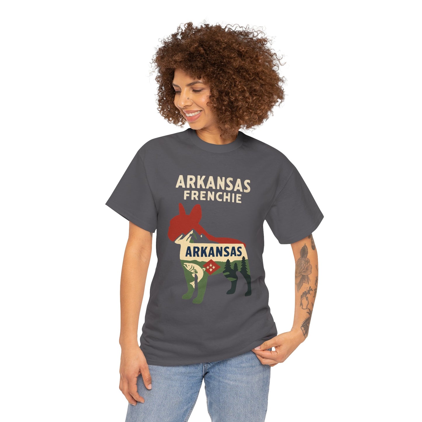 Arkansas Frenchie T-Shirt – French Bulldog State Pride Tee, Retro Arkansas Dog Lover Shirt, Nature Hiking Frenchie Gift