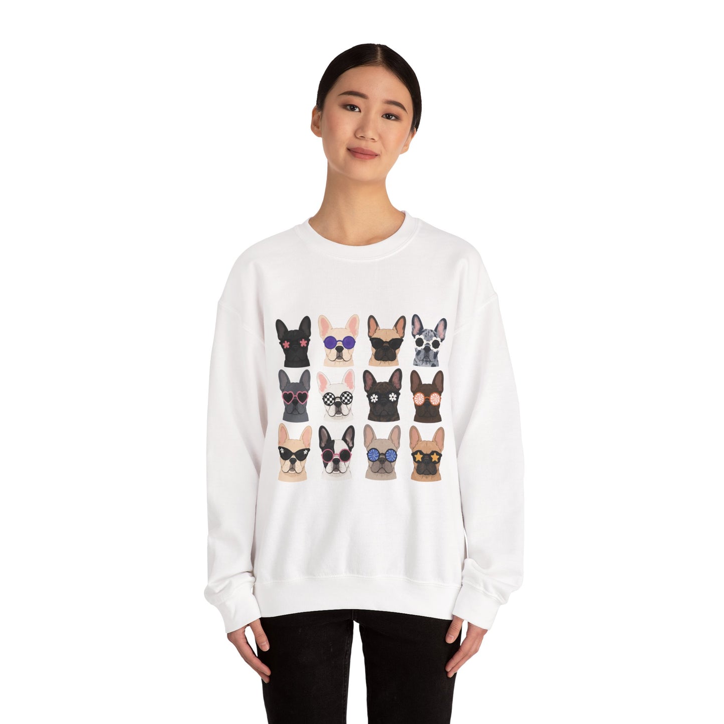 French Bulldog Faces Crewneck Sweatshirt – Cute Sunglasses Dogs Graphic