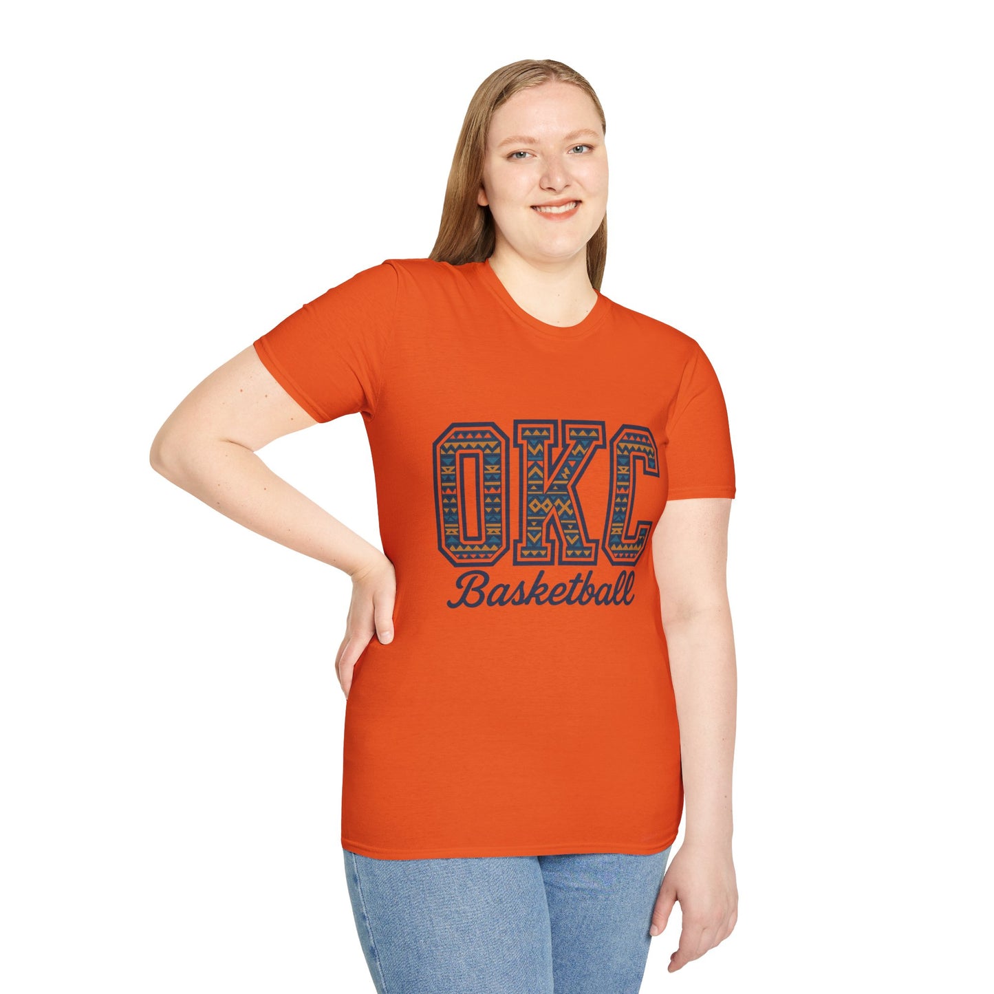 OKC Basketball T-Shirt | Tribal Aztec Letters Tee | Oklahoma City Basketball Shirt | OKC Fan Gift | Unisex Game Day Tee | Orange Thunder Style