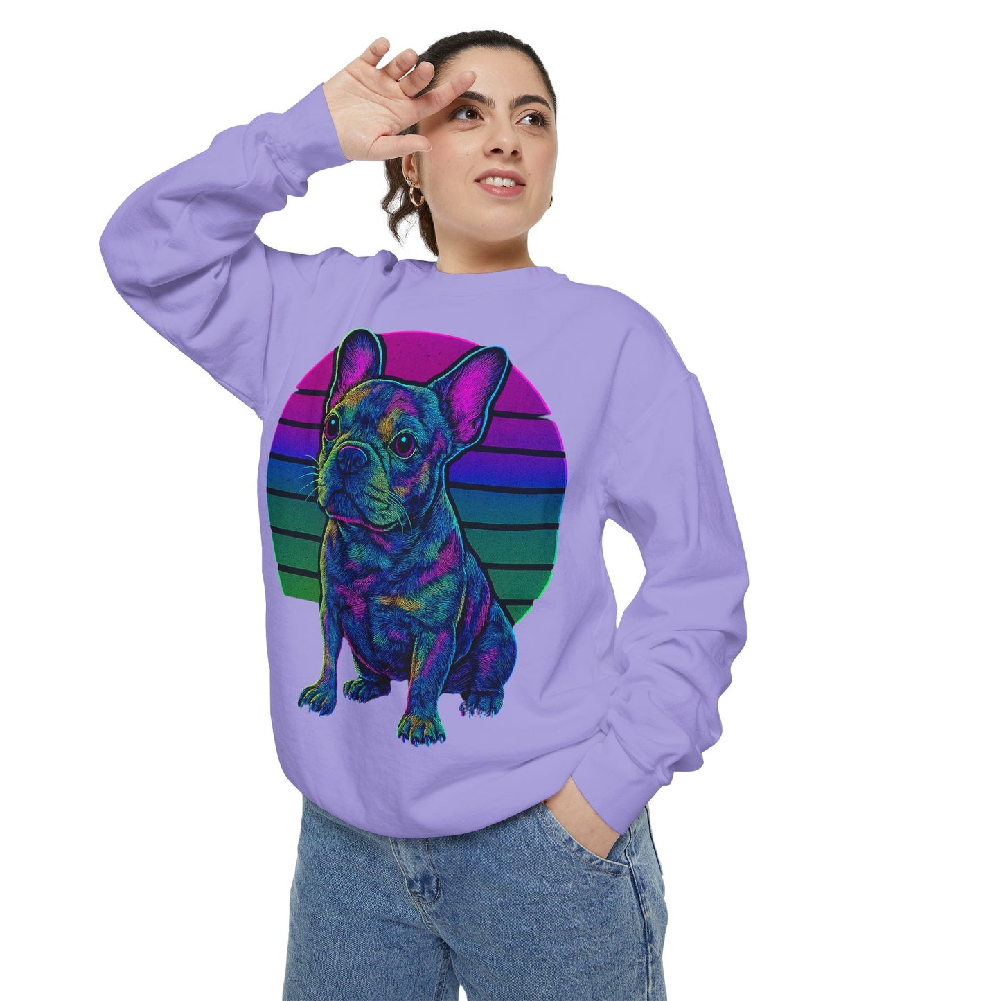 Neon French Bulldog Sweatshirt | Retro 80s Frenchie Pullover | Colorful Dog Lover Crewneck
