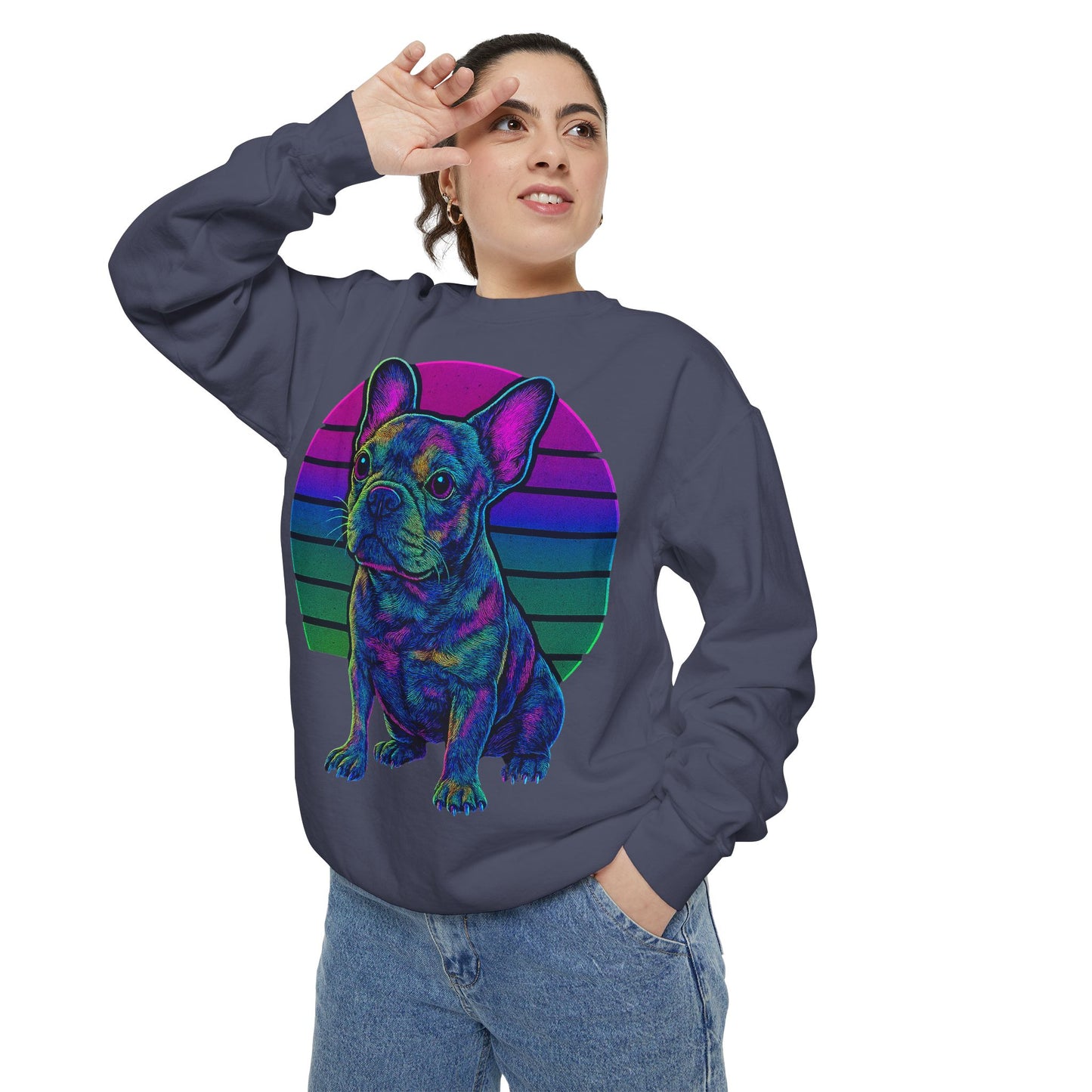 Neon French Bulldog Sweatshirt | Retro 80s Frenchie Pullover | Colorful Dog Lover Crewneck