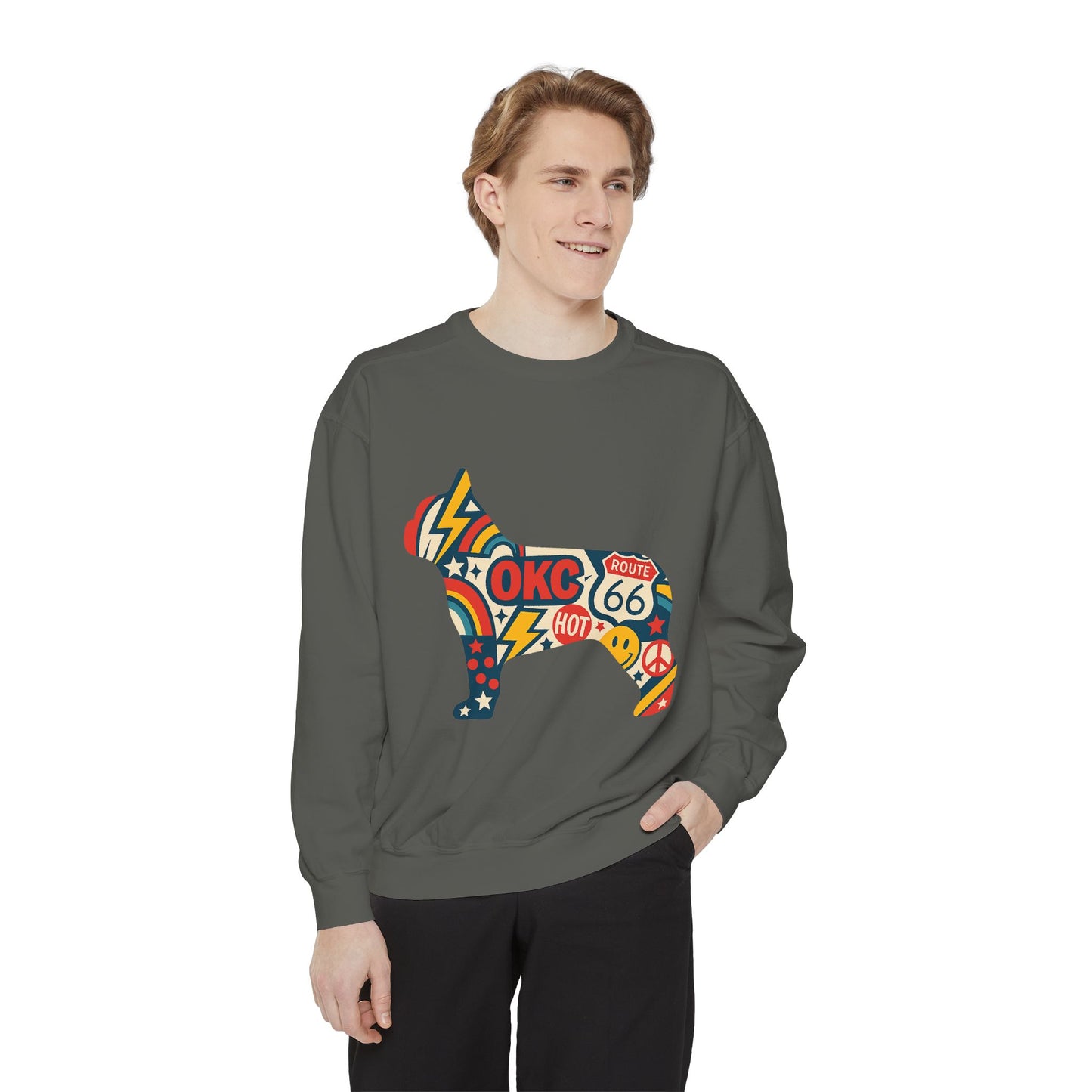 OKC Frenchie Route 66 Sweatshirt | Retro Oklahoma Pullover | Blue Orange Dog Lover Crewneck
